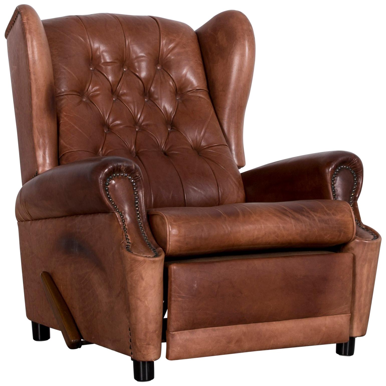 Chesterfield Leather Armchair Brown One-Seat Vintage Retro with Relax Function