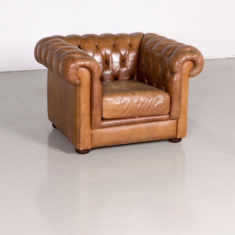 Chesterfield Leather Armchair Brown Red Vintage For Sale at 1stDibs