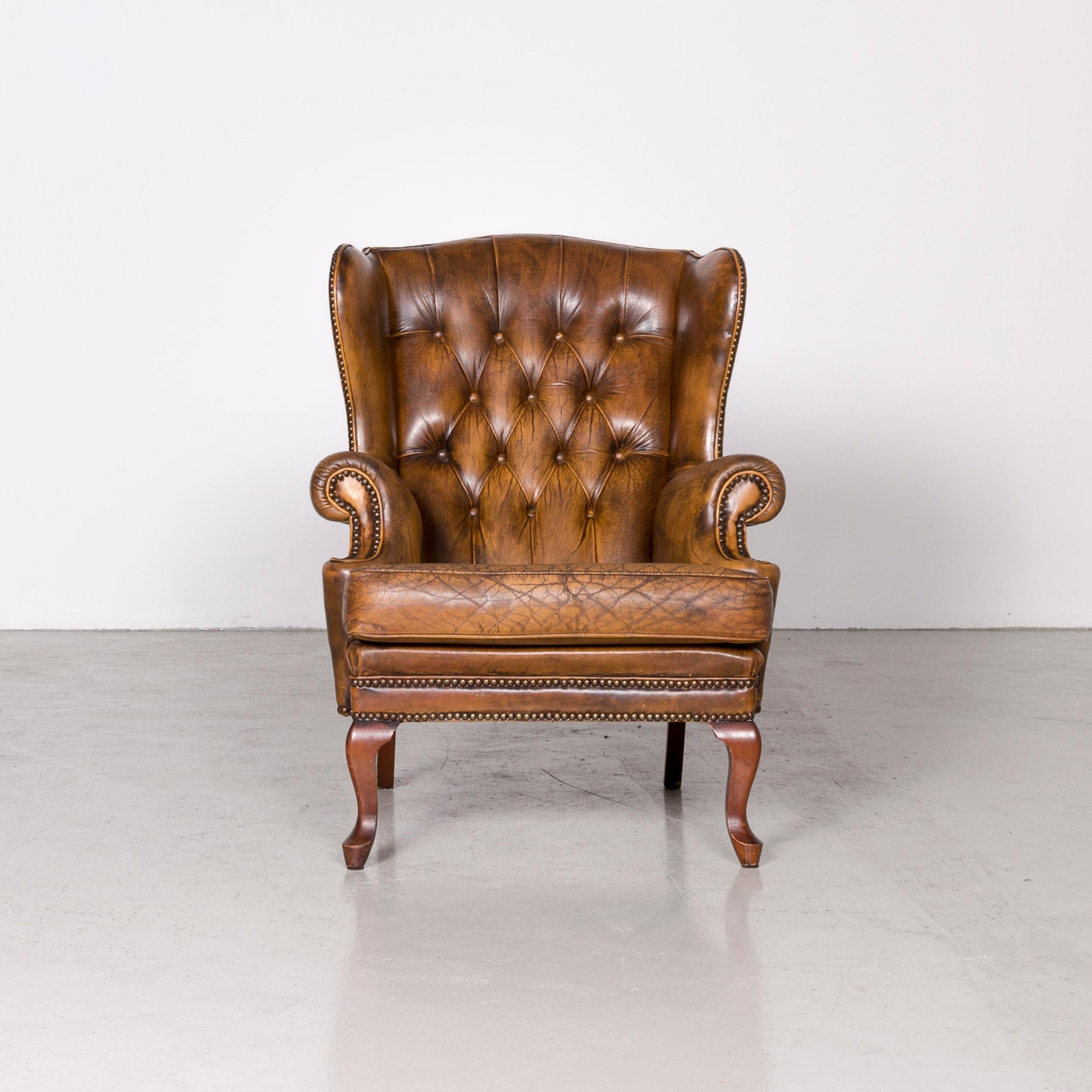 British Chesterfield Leather Armchair Brown Vintage Retro  For Sale
