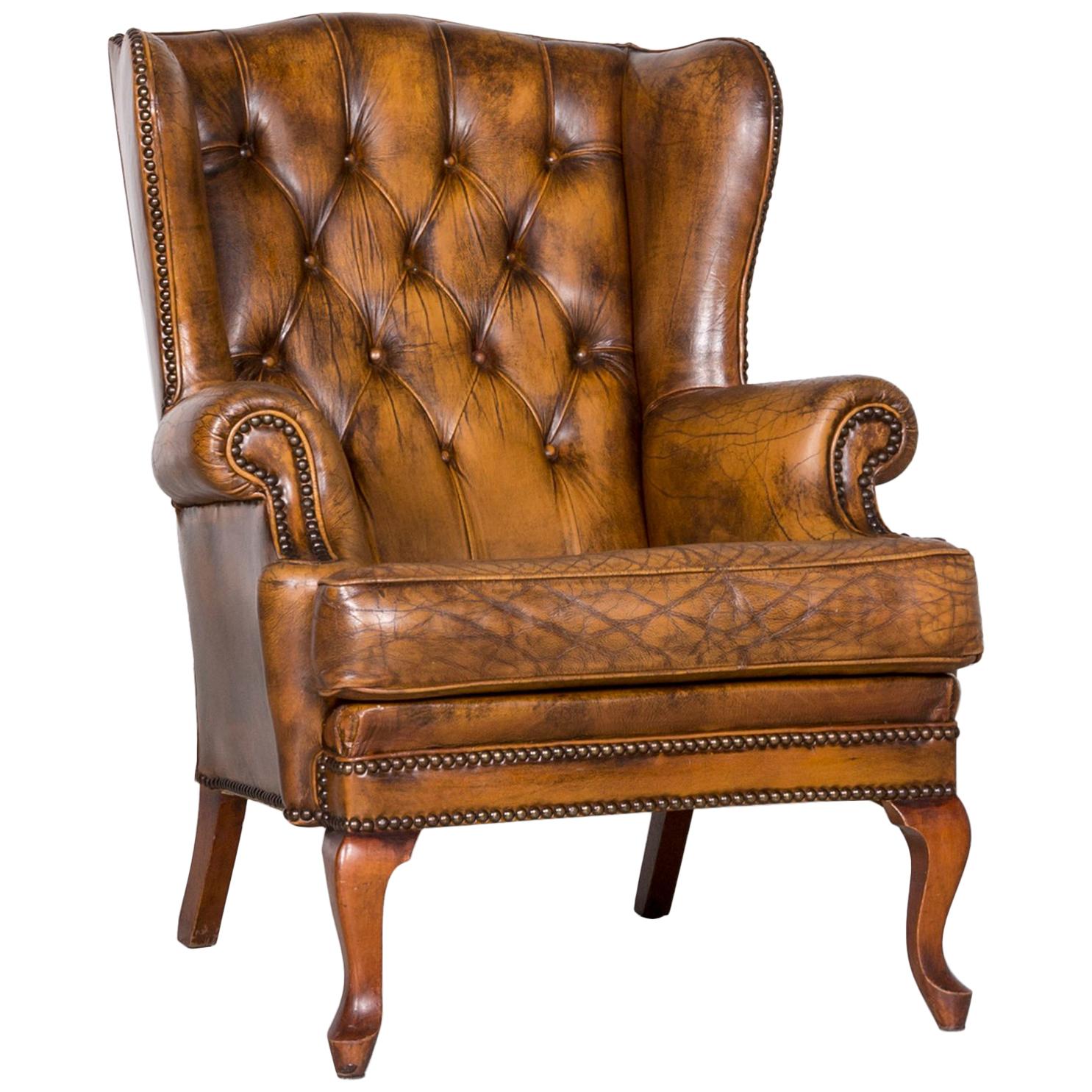 Chesterfield Leather Armchair Brown Vintage Retro For Sale