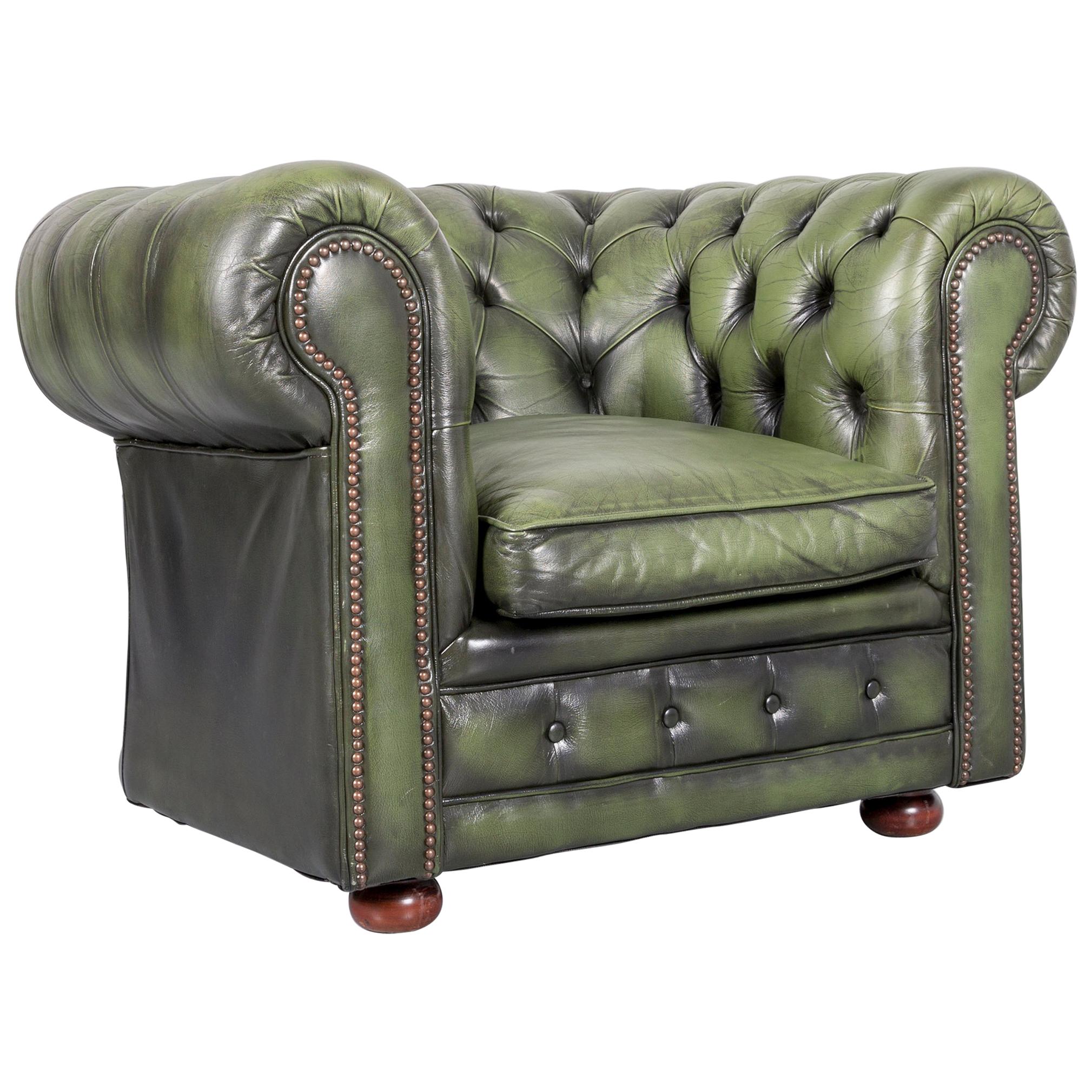 Chesterfield Leather Armchair Green One-Seat Club-Chair For Sale