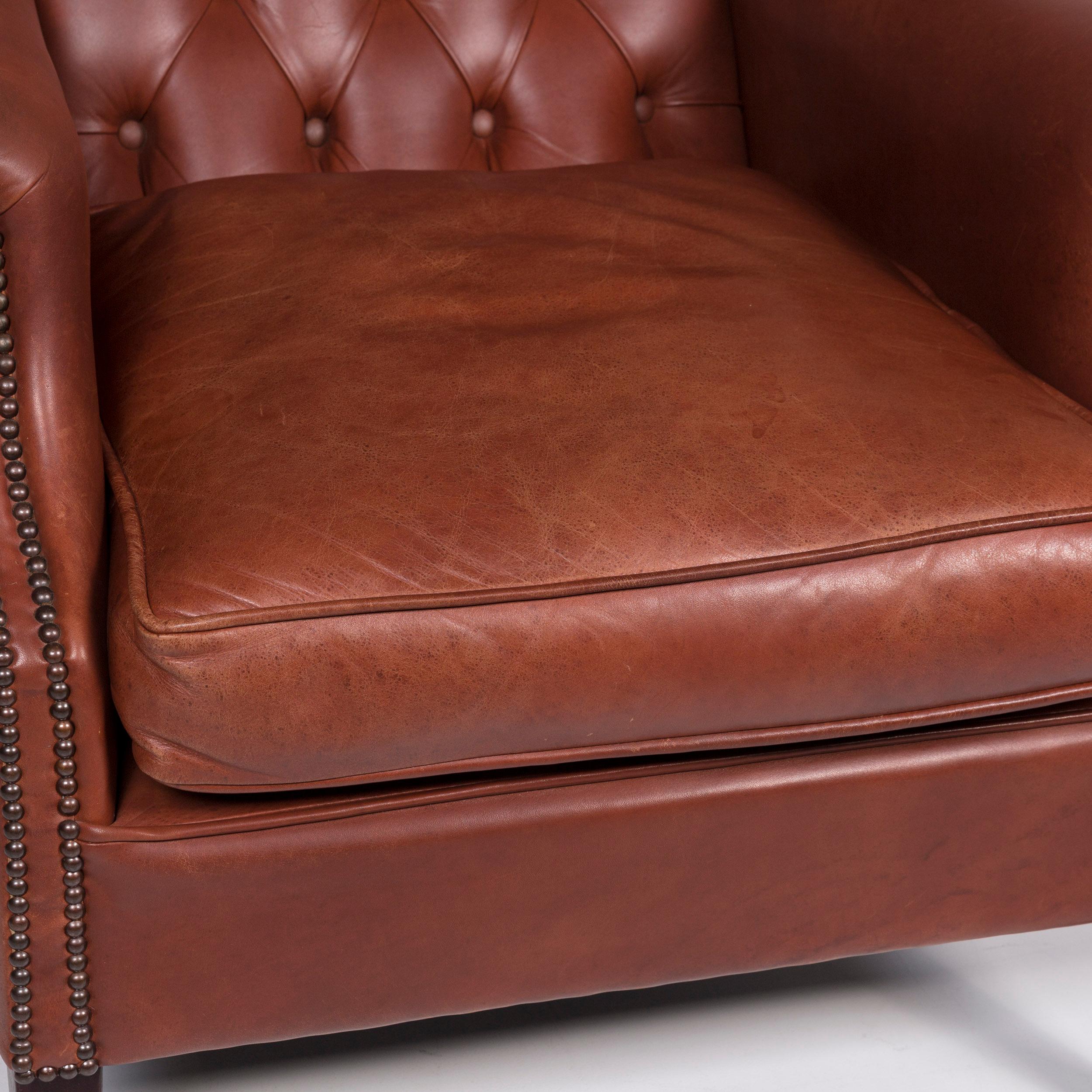 Modern Chesterfield Leather Armchair Red Brown Retro For Sale