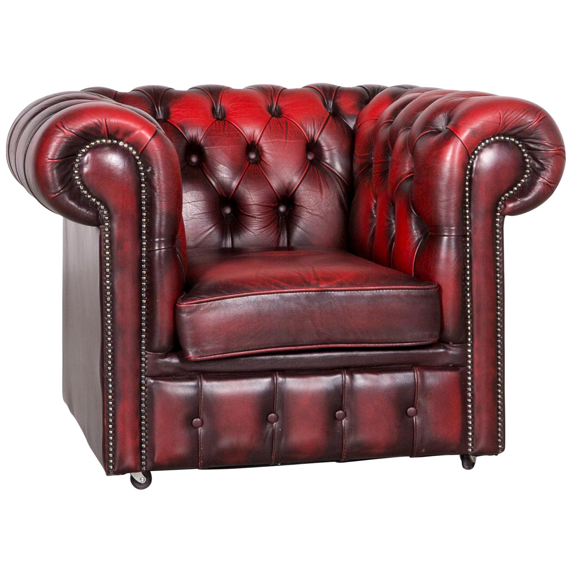 Chesterfield Leather Armchair Red Vintage 