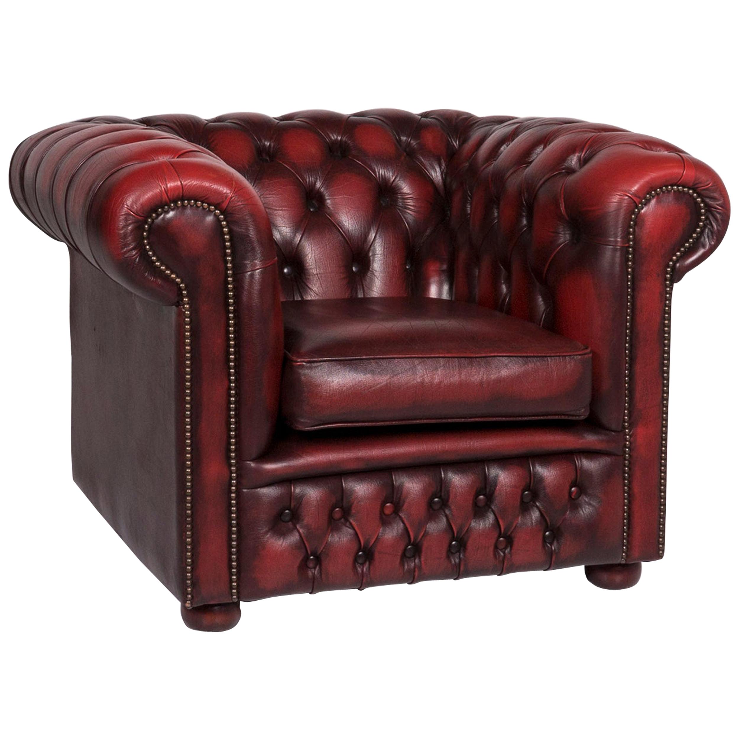 Chesterfield Leather Armchair Red Wine Red Retro