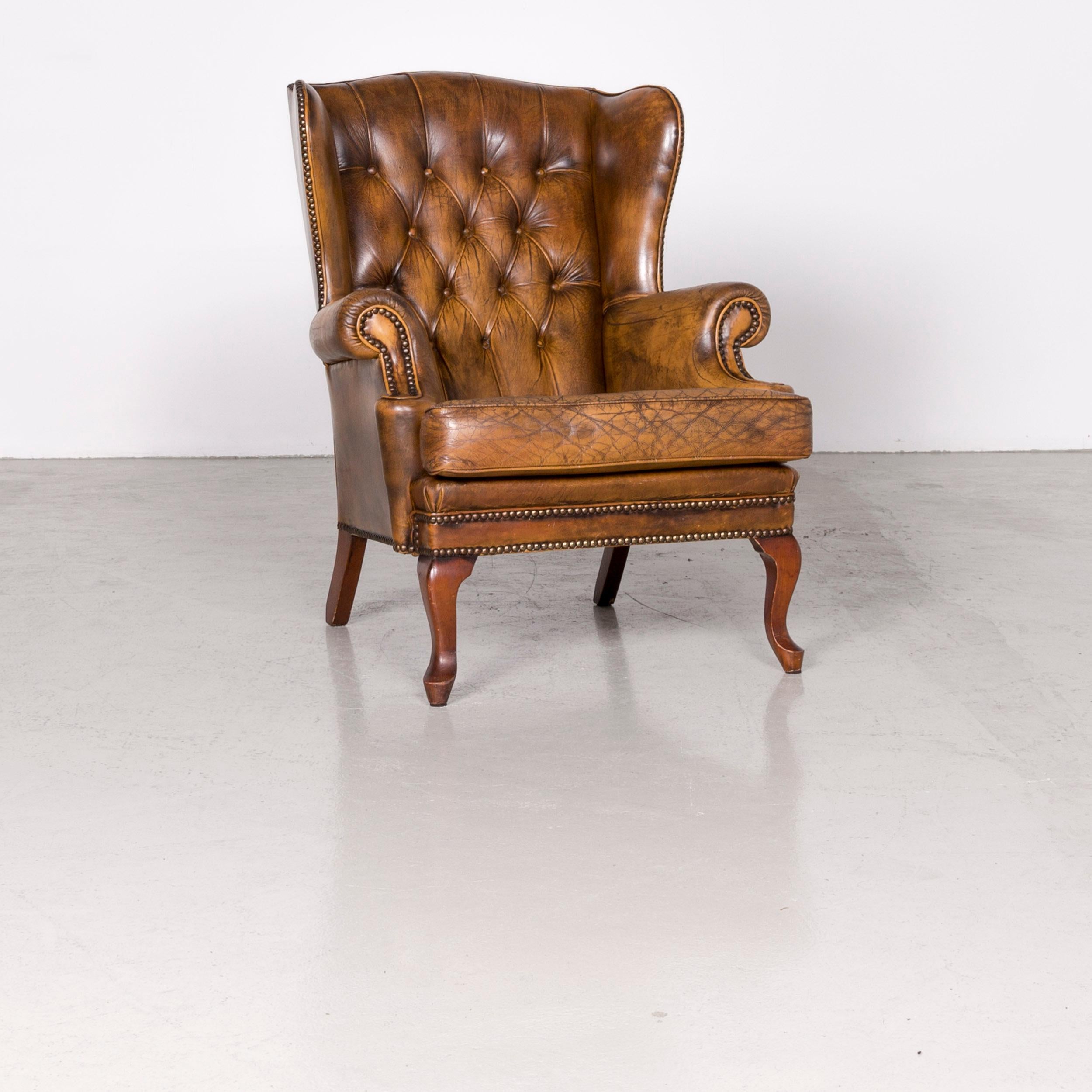 Chesterfield leather armchair set brown vintage retro.