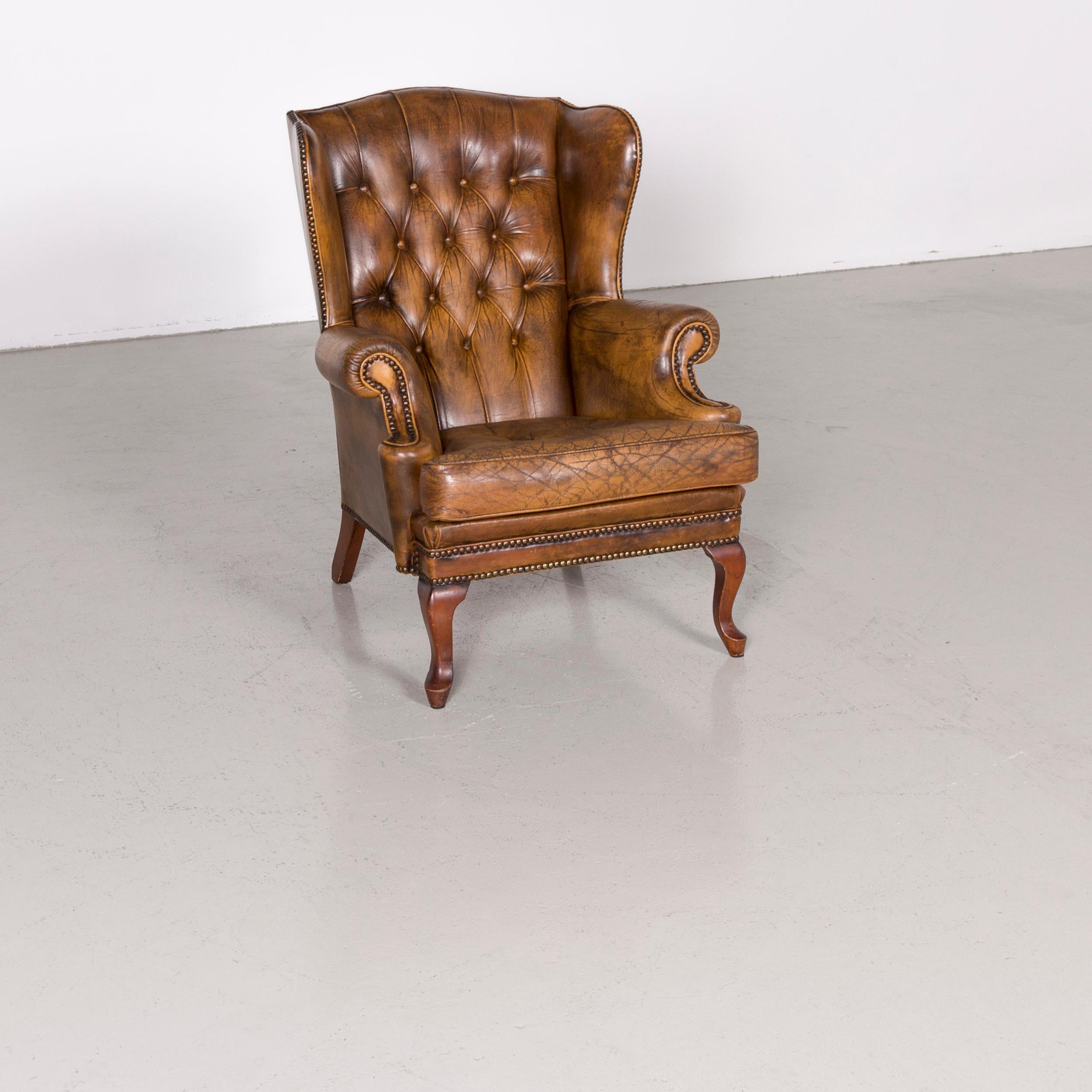 British Chesterfield Leather Armchair Set Brown Vintage Retro  For Sale
