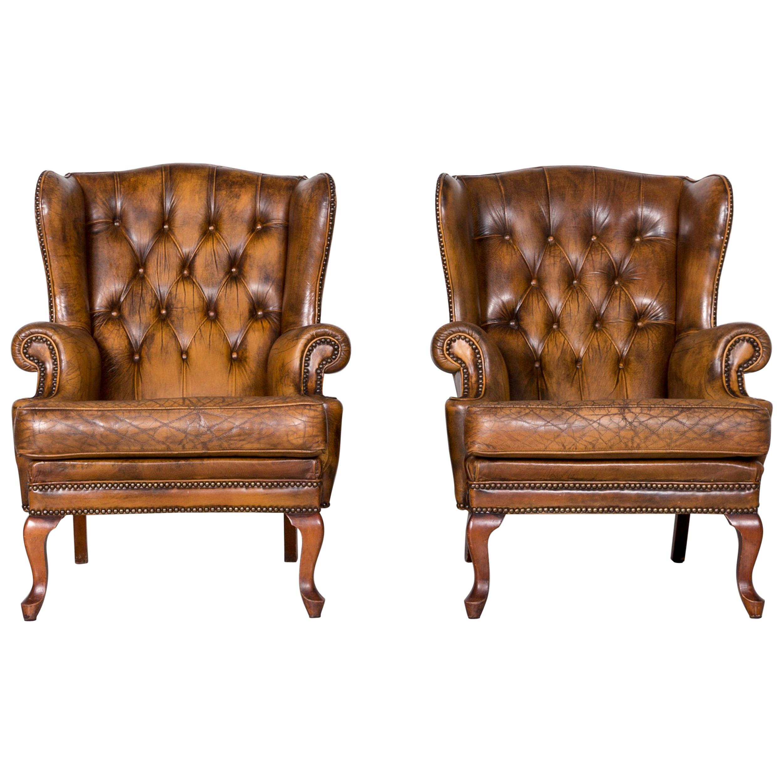 Chesterfield Leather Armchair Set Brown Vintage Retro  For Sale