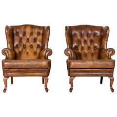 Chesterfield Leather Armchair Set Brown Vintage Retro 