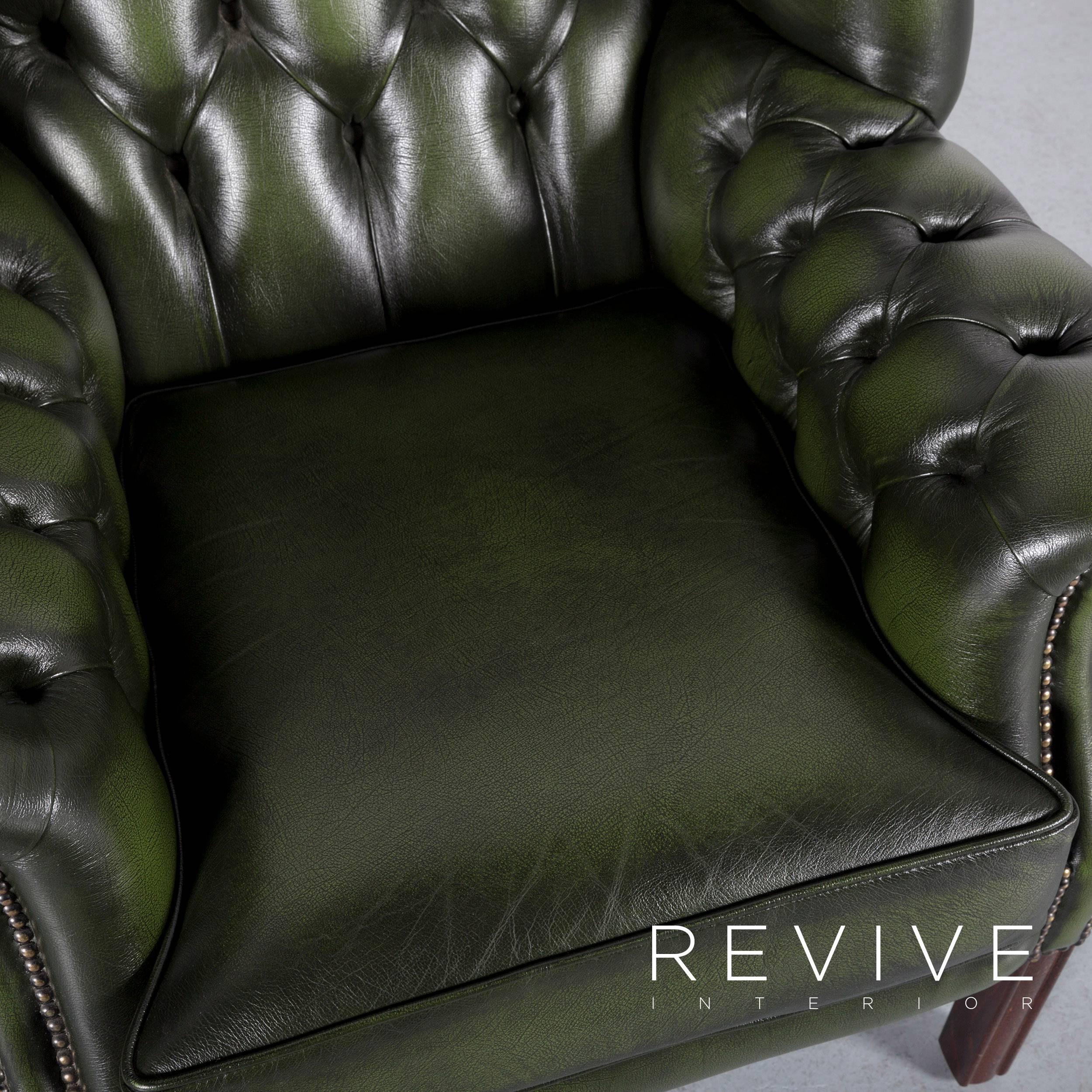Contemporary Chesterfield Leather Armchair Wingback Green One-Seat For Sale