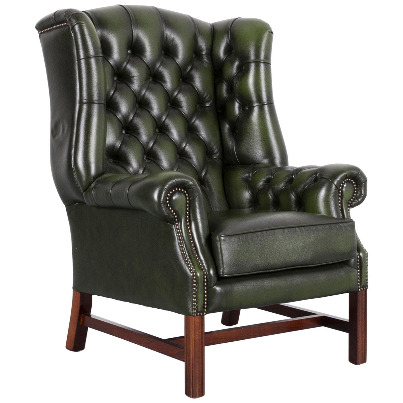 Chesterfield Leather Armchair Wingback Green One-Seat For Sale