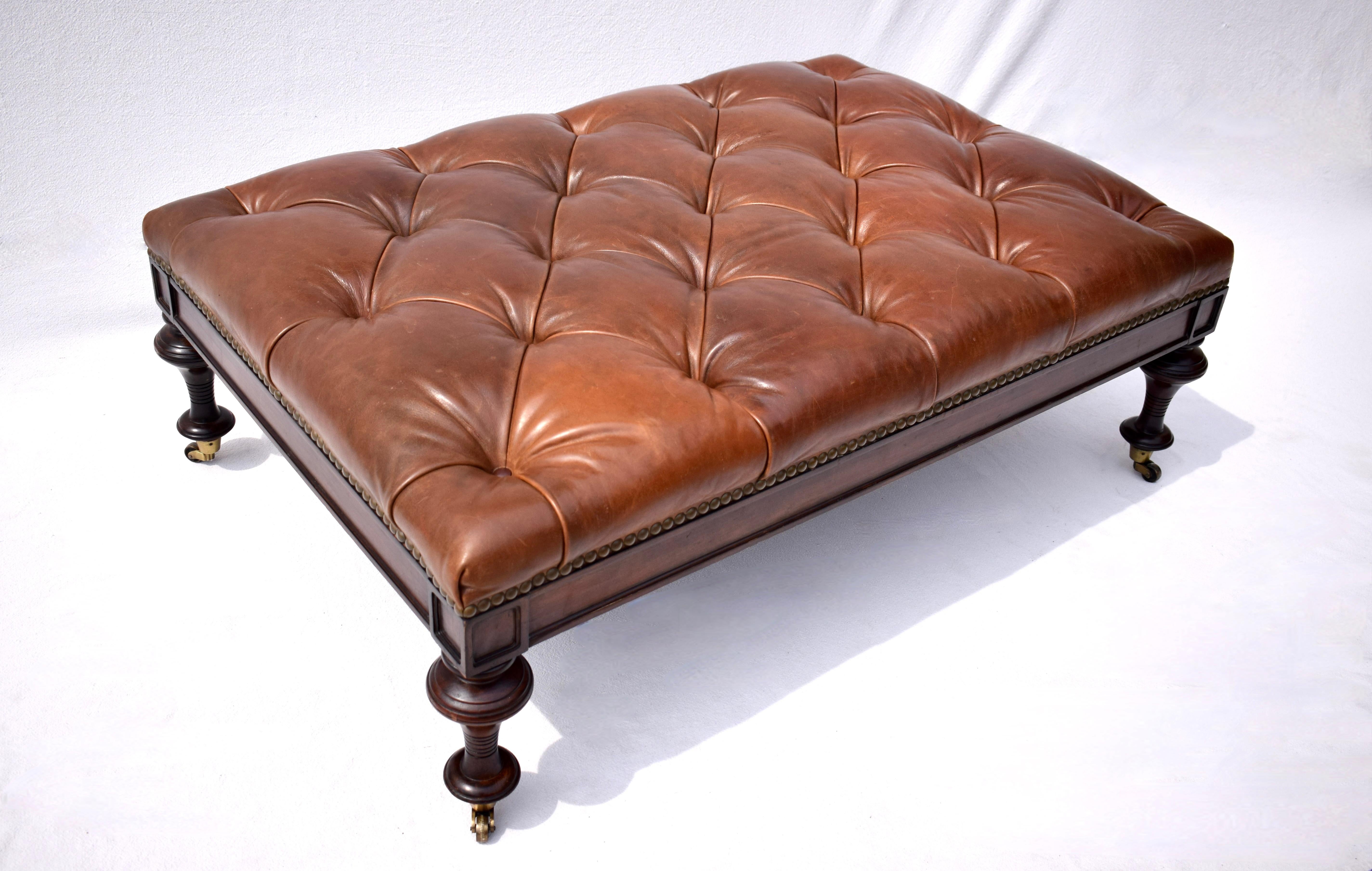 Chesterfield Leather Ottoman on Brass Casters by Drexel  5