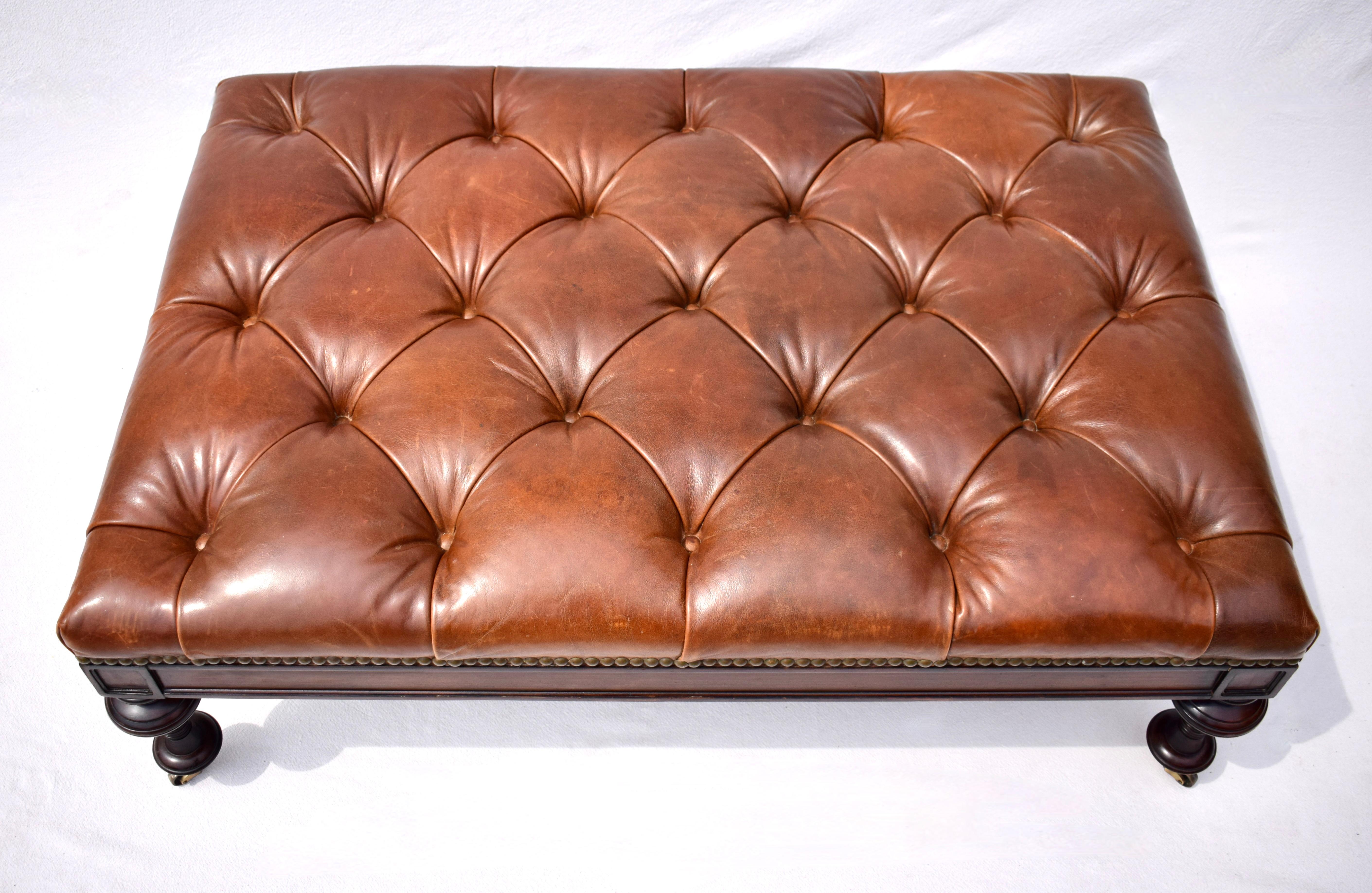 Chesterfield Leather Ottoman on Brass Casters by Drexel  In Good Condition For Sale In Southampton, NJ