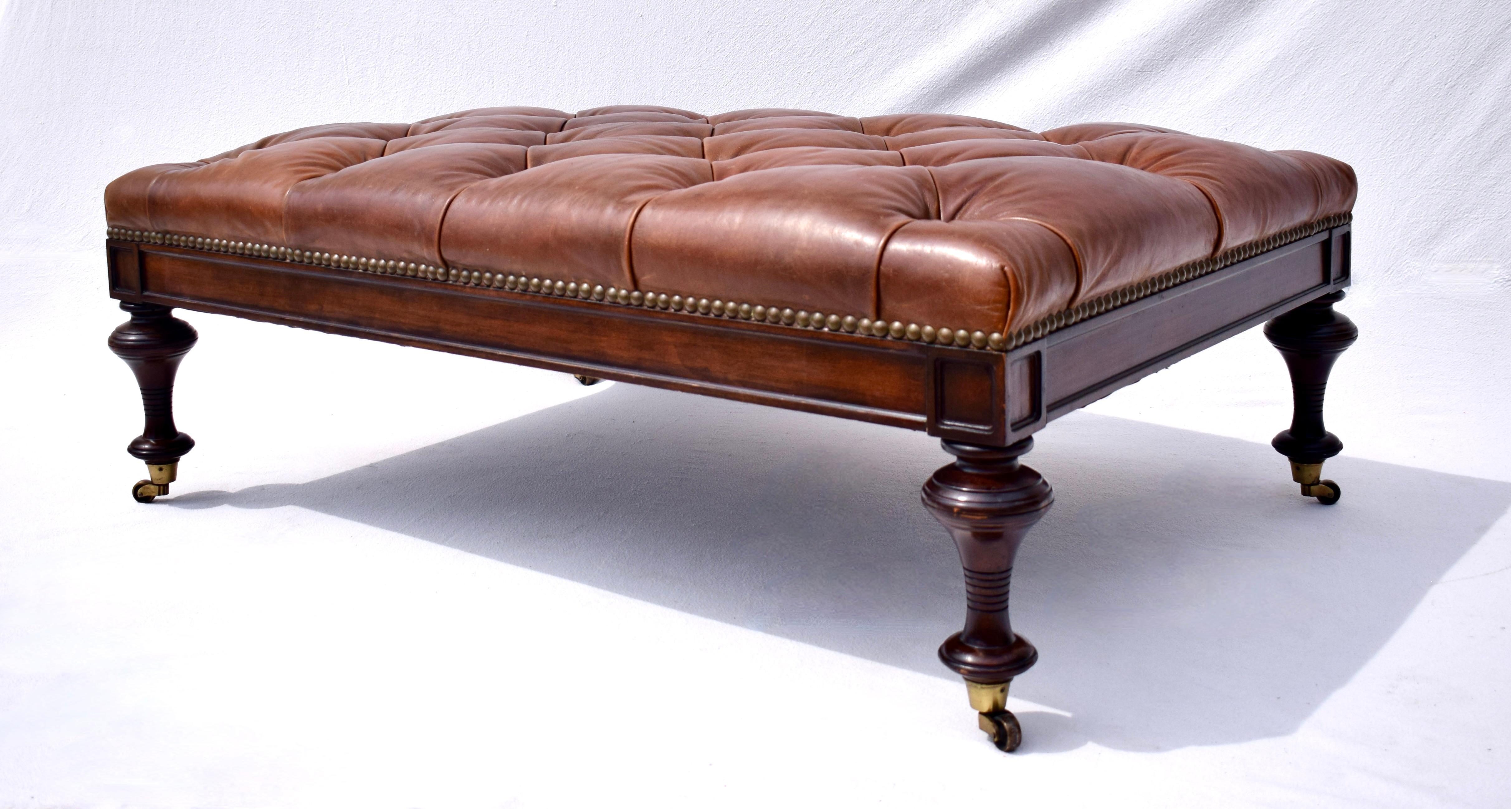 20th Century Chesterfield Leather Ottoman on Brass Casters by Drexel  For Sale