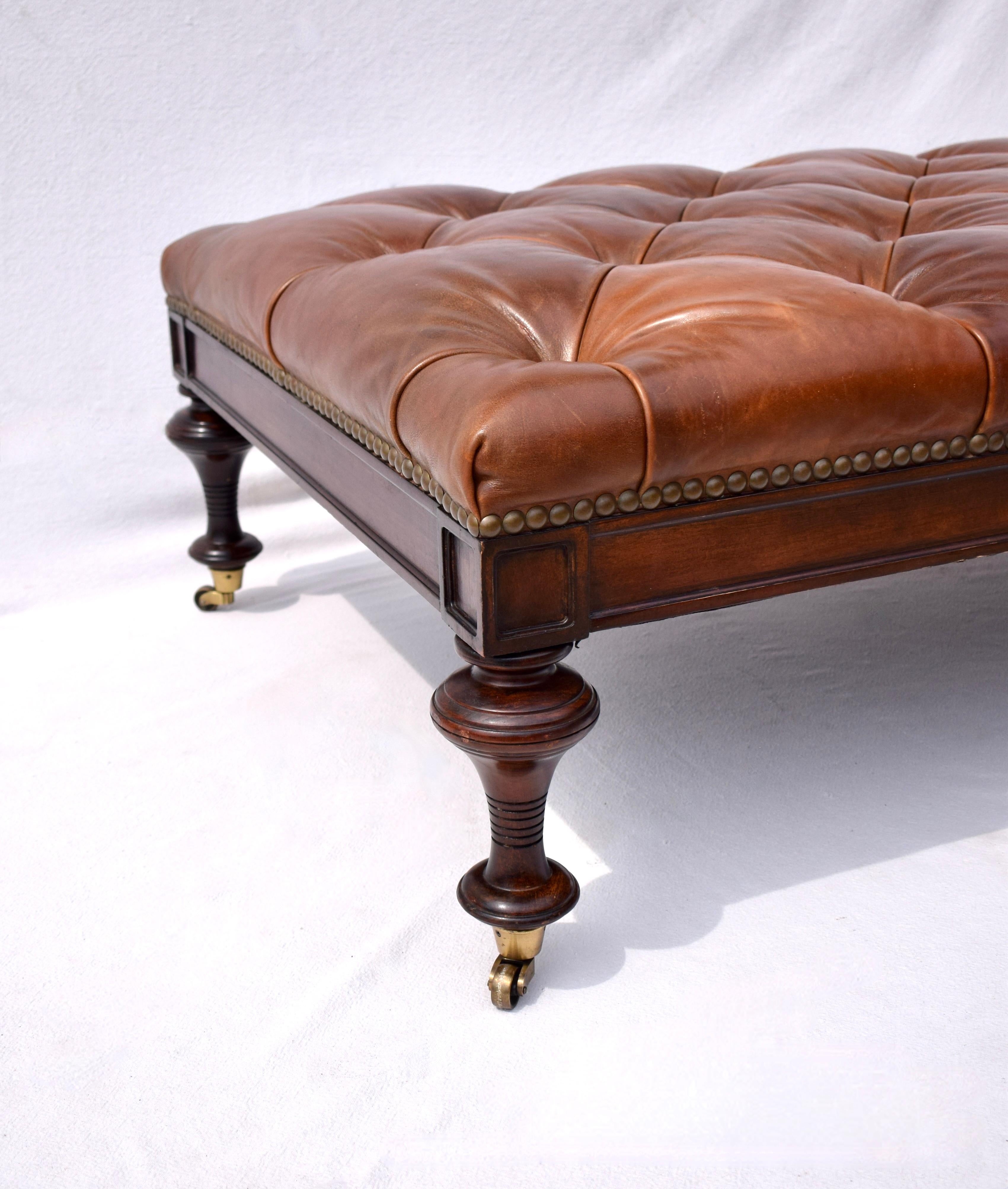 Chesterfield Leather Ottoman on Brass Casters by Drexel  For Sale 1