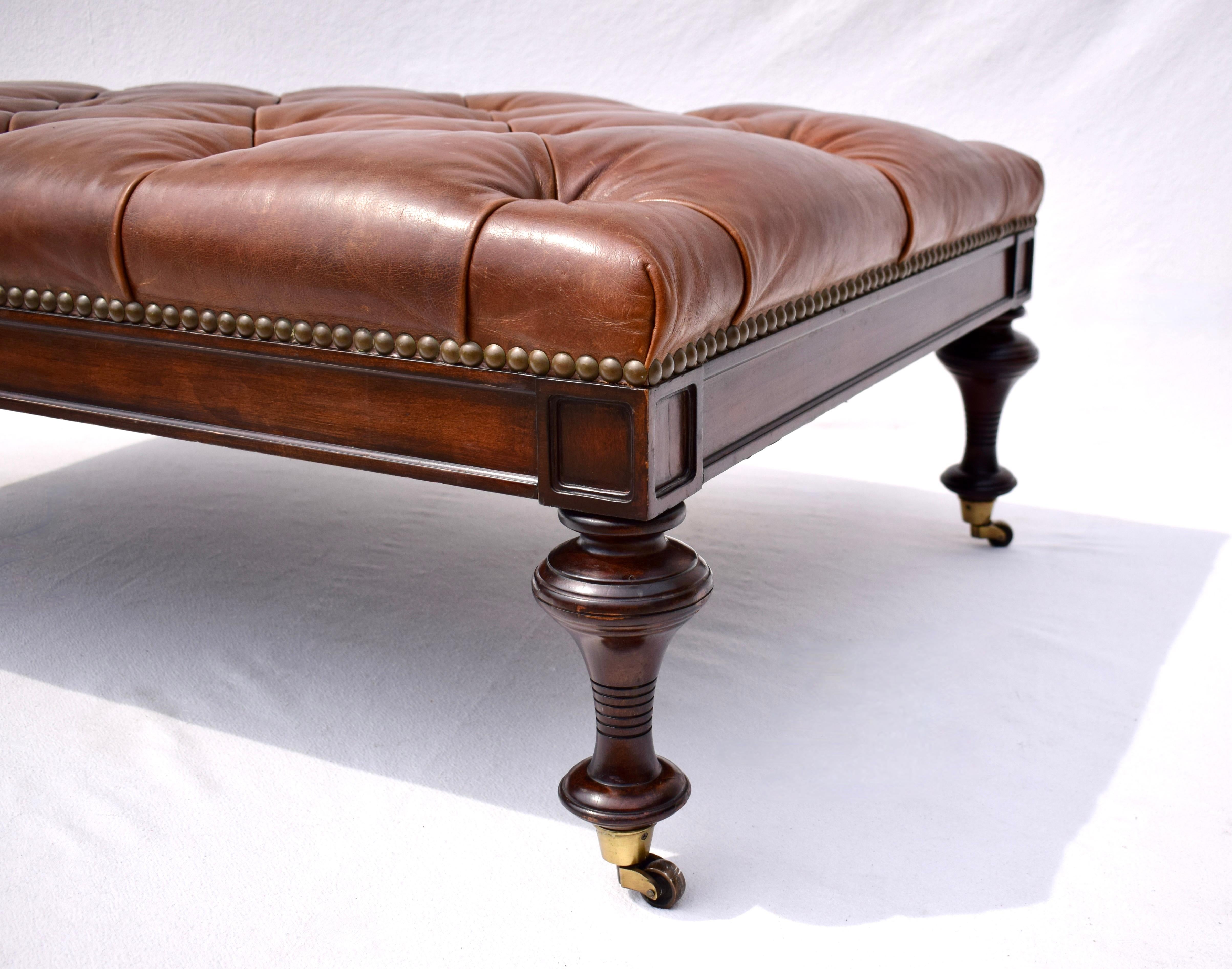 Chesterfield Leather Ottoman on Brass Casters by Drexel  For Sale 2