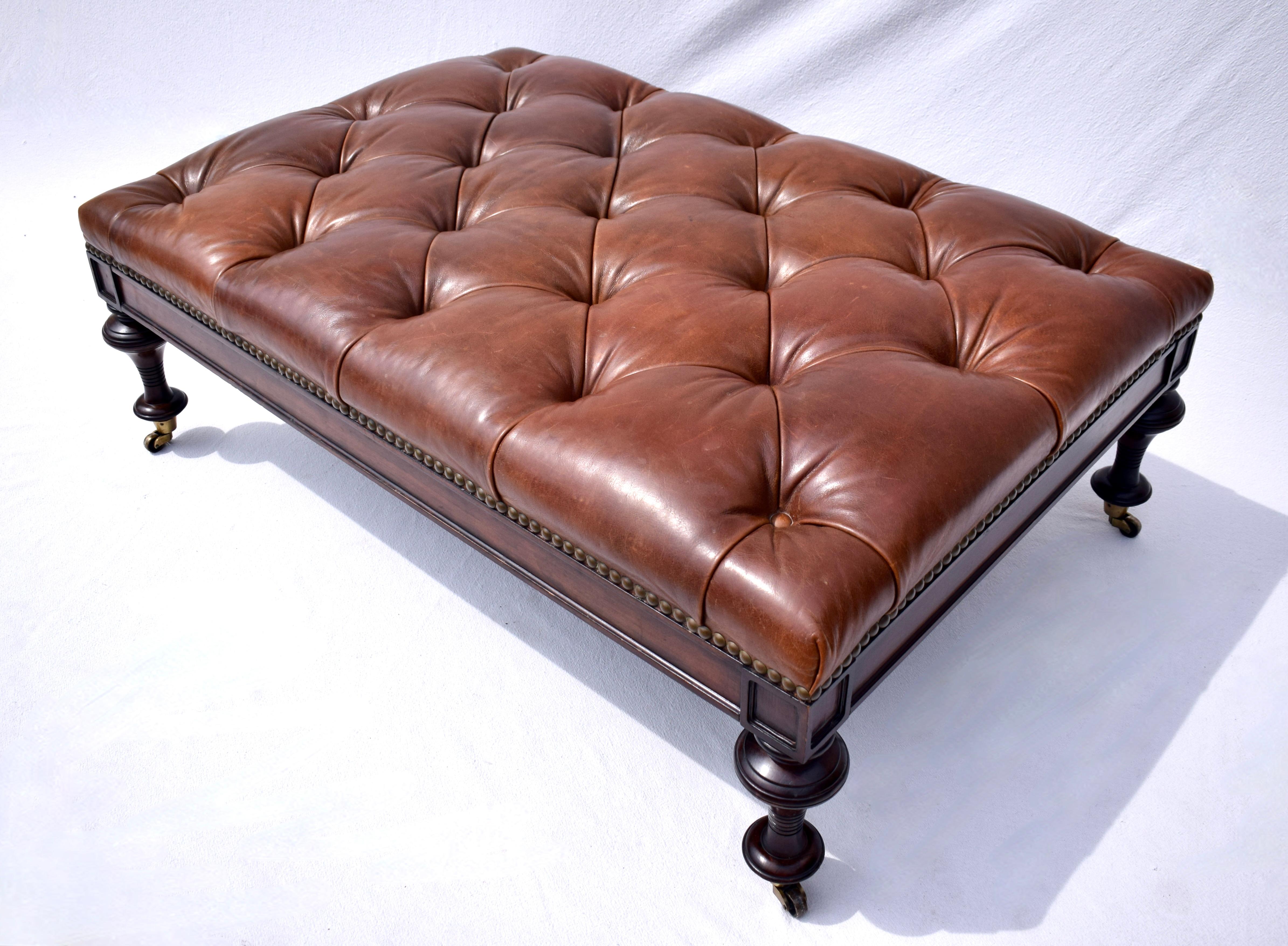 Chesterfield Leather Ottoman on Brass Casters by Drexel  3