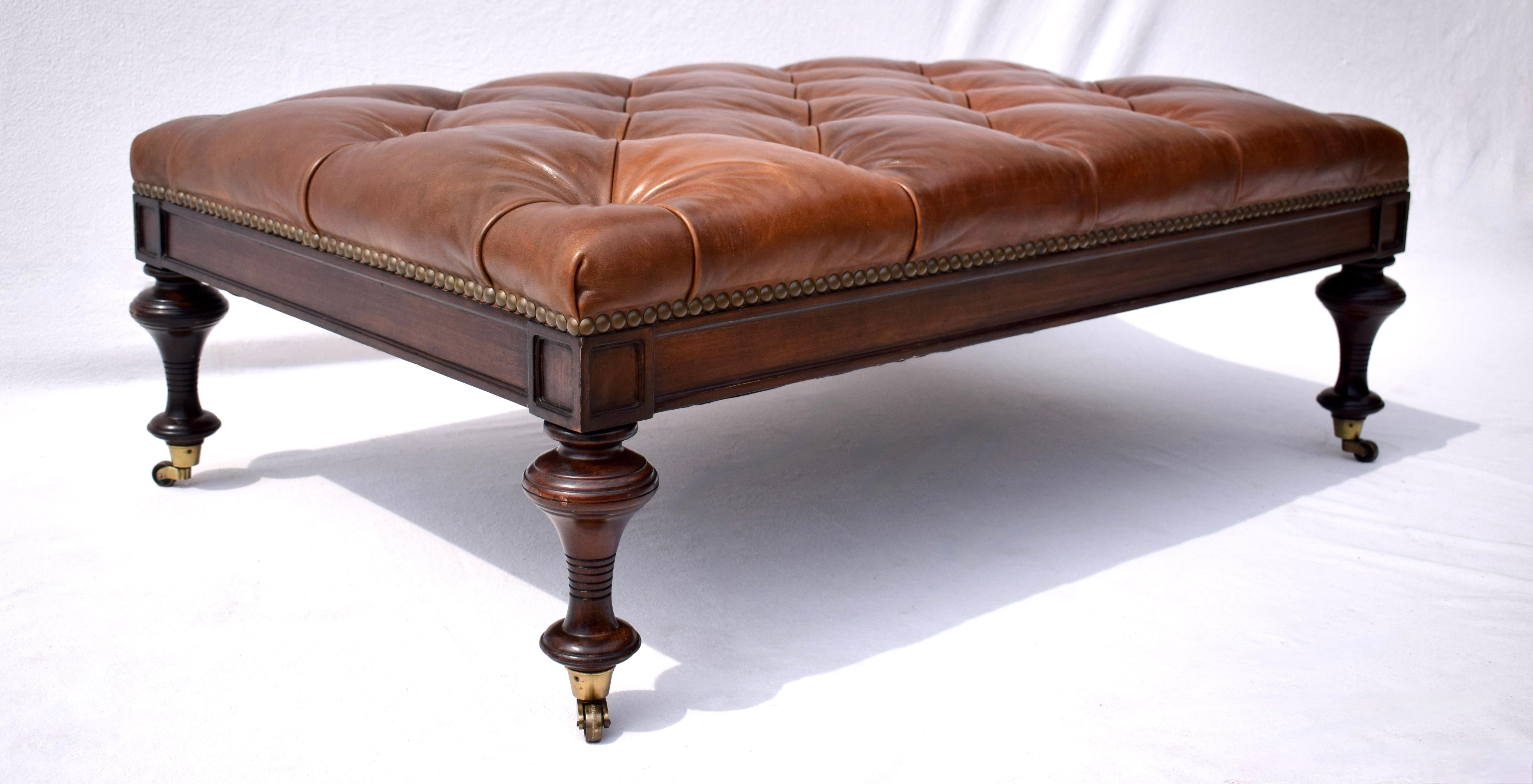 Chesterfield Leather Ottoman on Brass Casters by Drexel  4