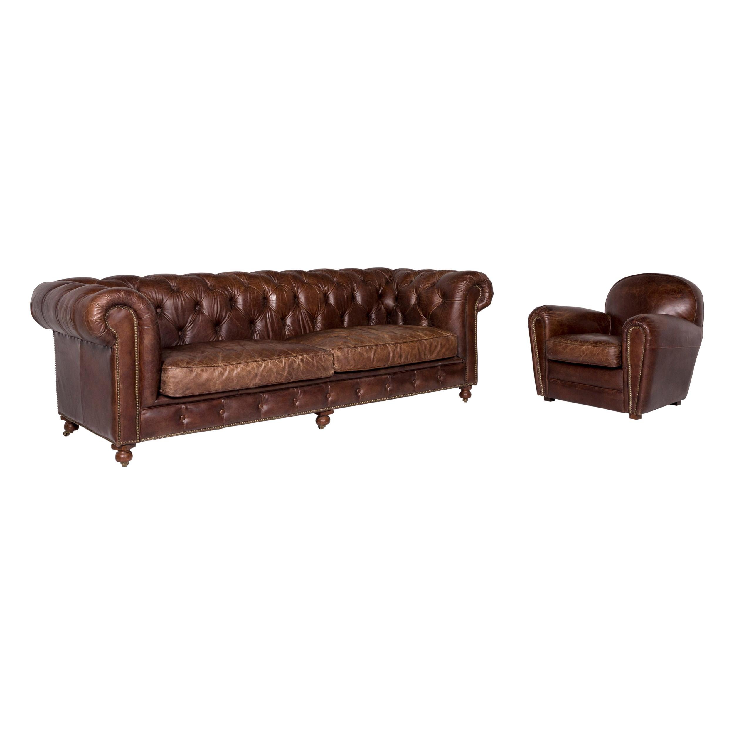 Chesterfield Leather Set Brown 1 Three-Seat 1 Armchair Retro