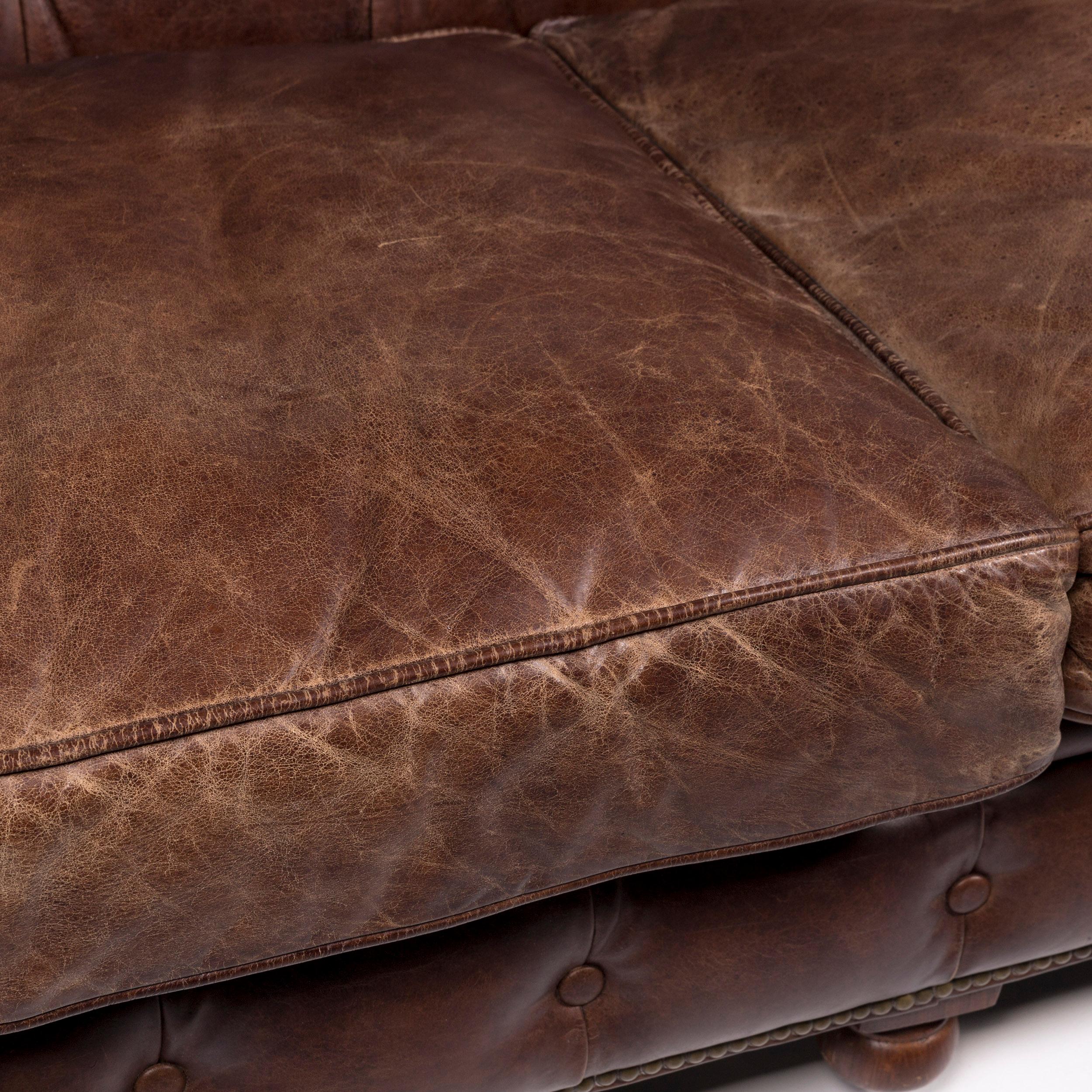 British Chesterfield Leather Set Brown 1 Three-Seat 1 Armchair Retro