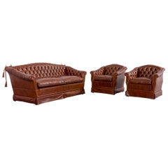 Chesterfield Leather Sofa Armchair Set Brown of Two-Seat Couch and Two Chairs