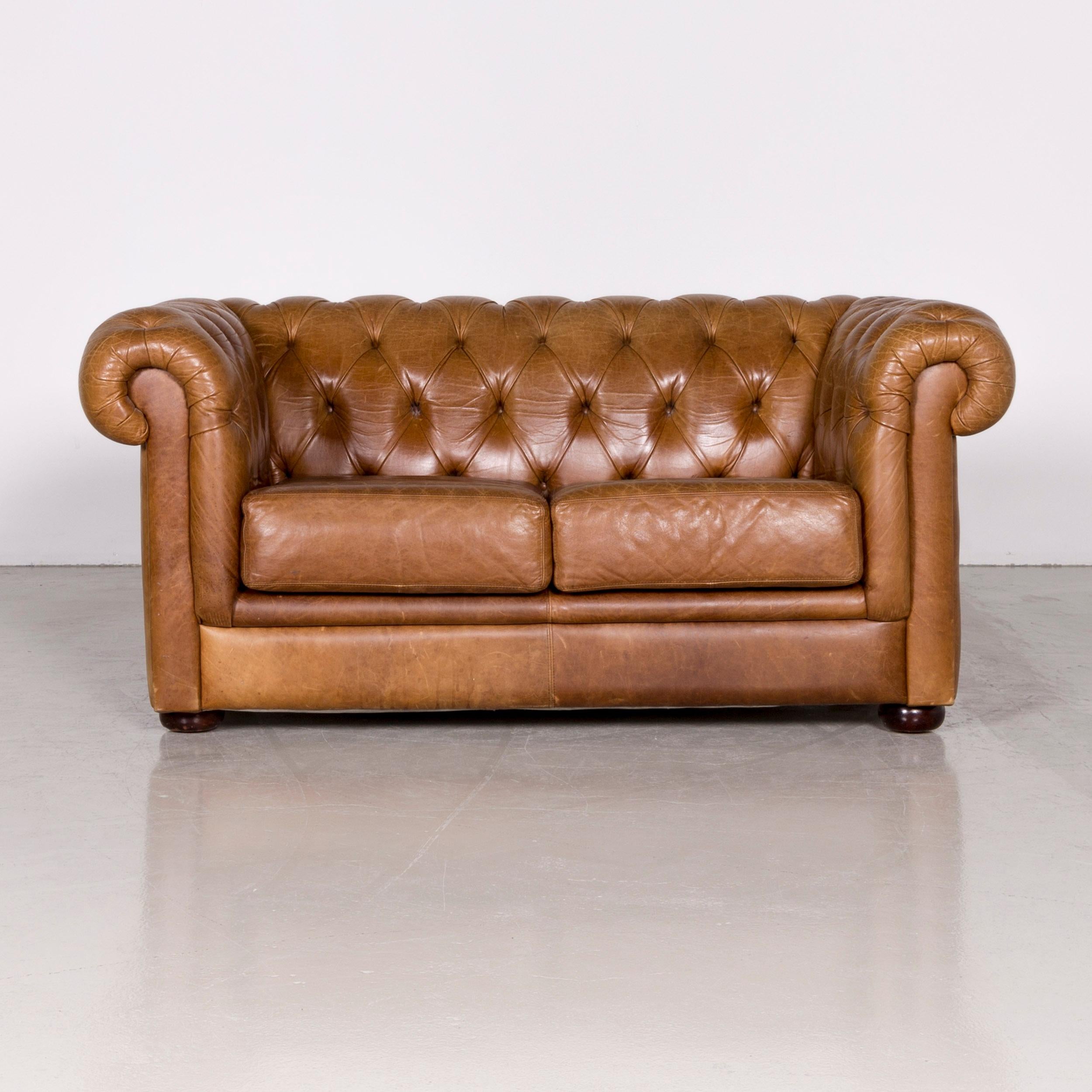 Chesterfield leather sofa armchair set brown red vintage two-seat couch.