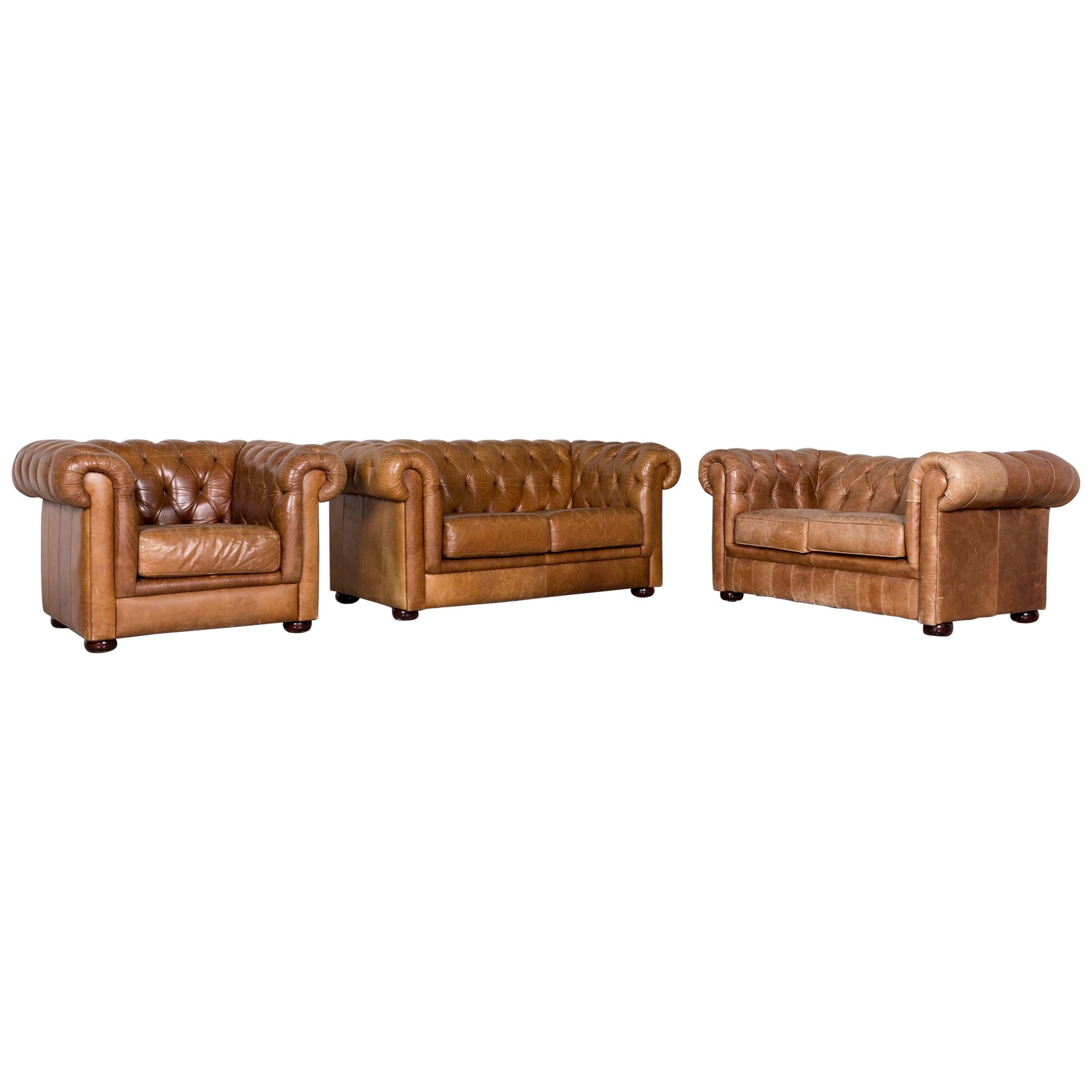 Chesterfield Leather Sofa Armchair Set Brown Red Vintage Two-Seat Couch For Sale