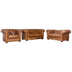 Chesterfield Leather Sofa Armchair Set Brown Red Vintage Two-Seat Couch