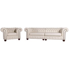 Chesterfield Leather Sofa Armchair Set White Three-Seat Vintage Retro