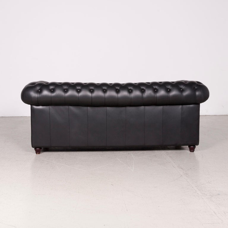 Chesterfield Leather Sofa Black Genuine Leather Three Seat Couch