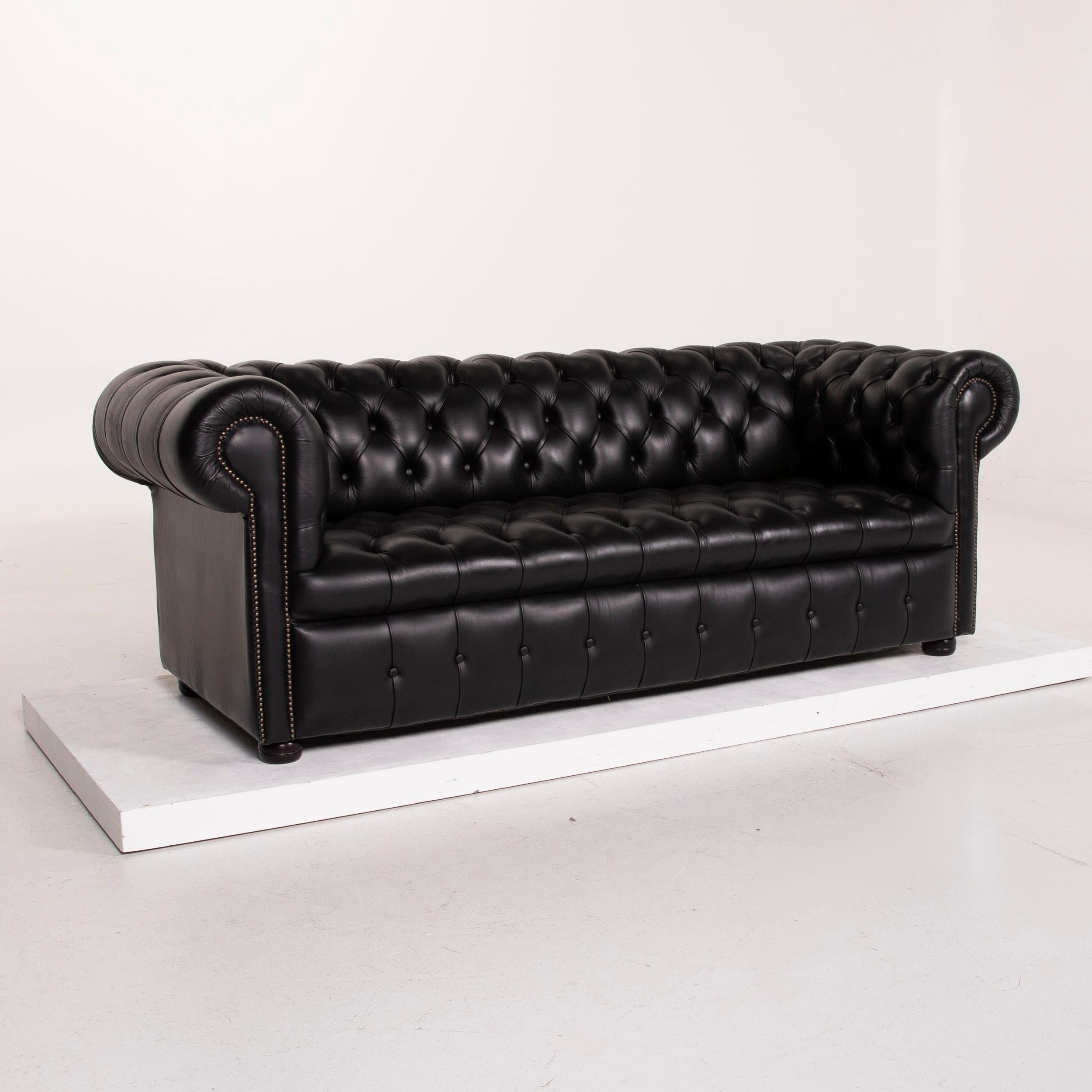 Contemporary Chesterfield Leather Sofa Black Three-Seat
