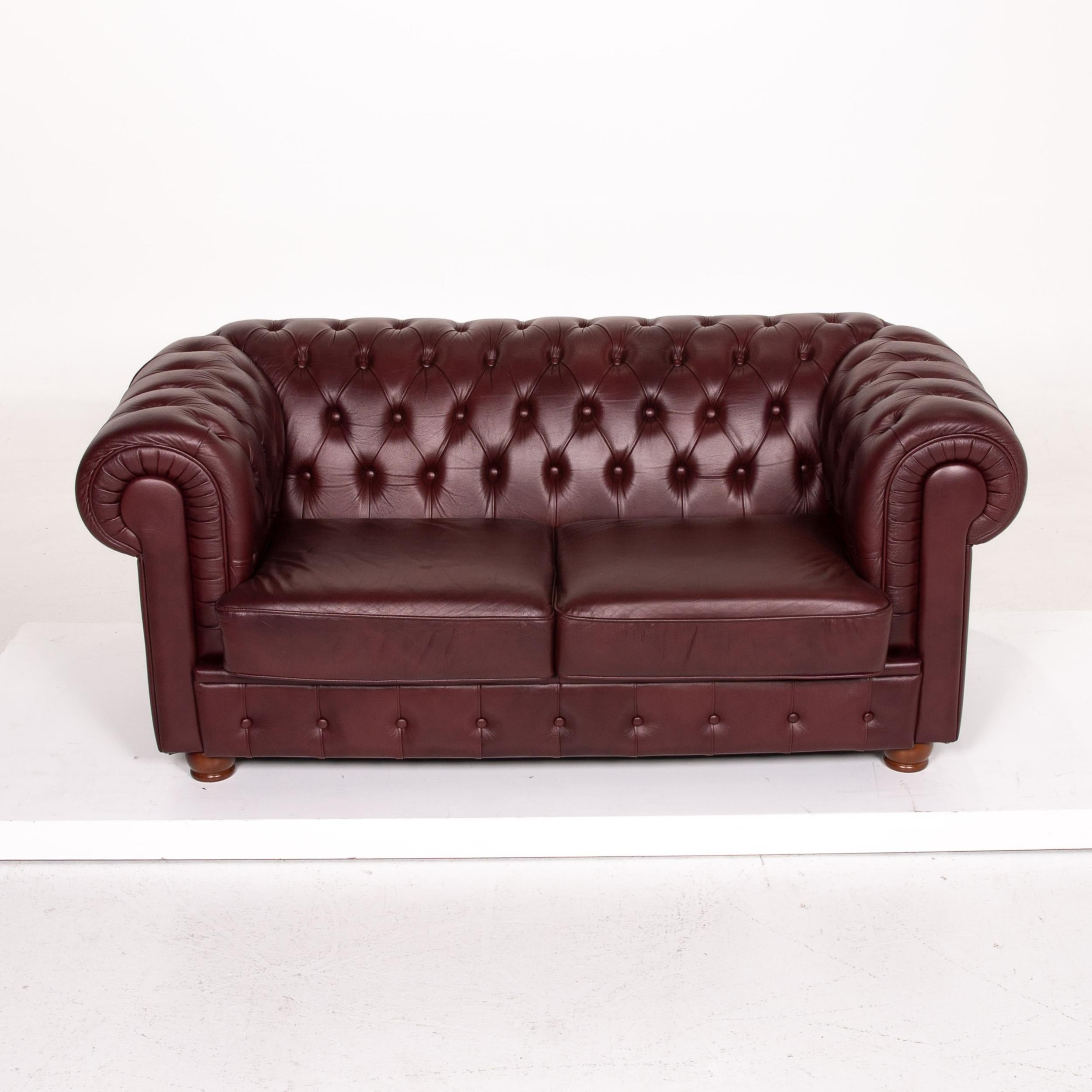 British Chesterfield Leather Sofa Bordeaux Red Two-Seat Vintage Retro Couch For Sale