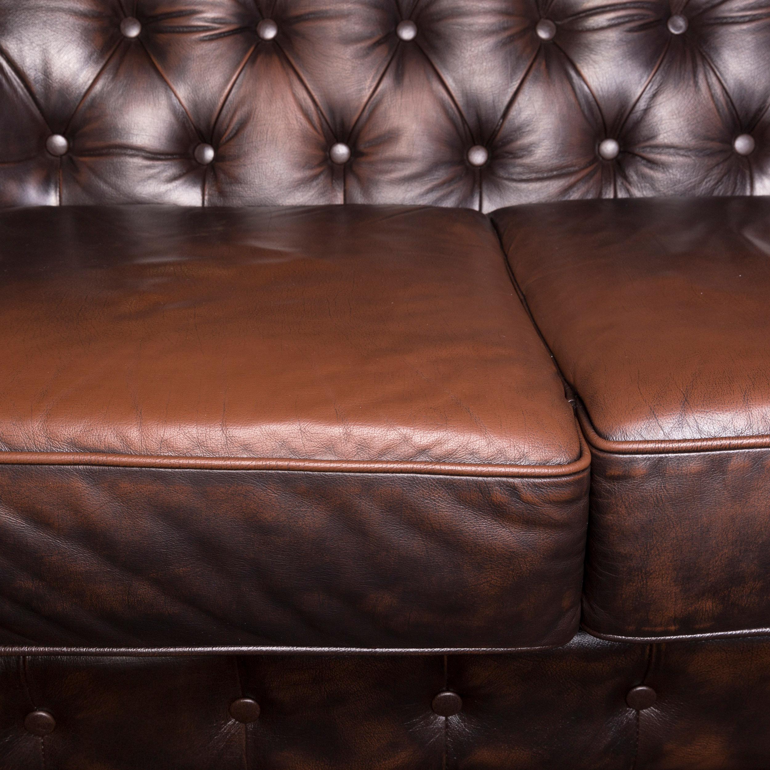 British Chesterfield Leather Sofa Brown Dark Brown Two-Seat Retro Couch