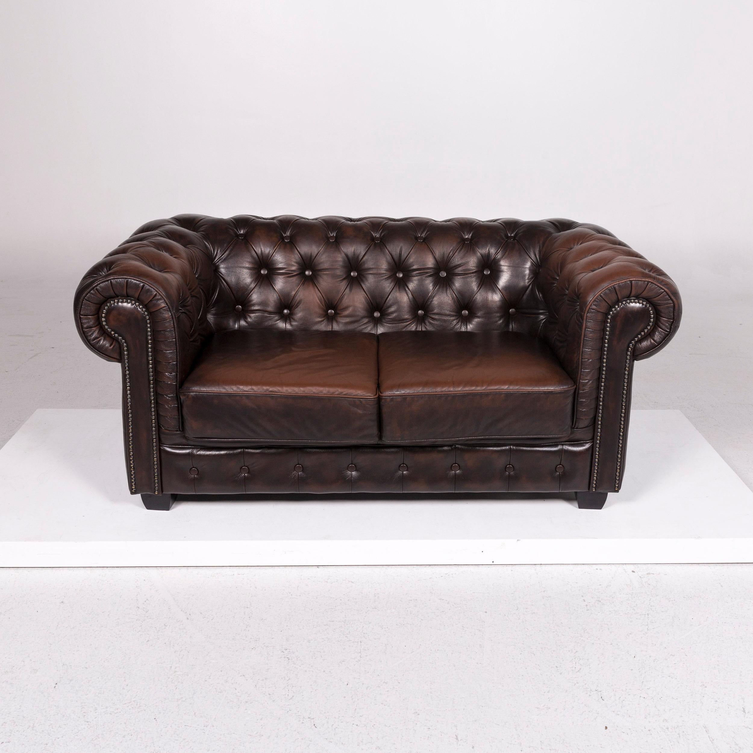 Chesterfield Leather Sofa Brown Dark Brown Two-Seat Retro Couch 1
