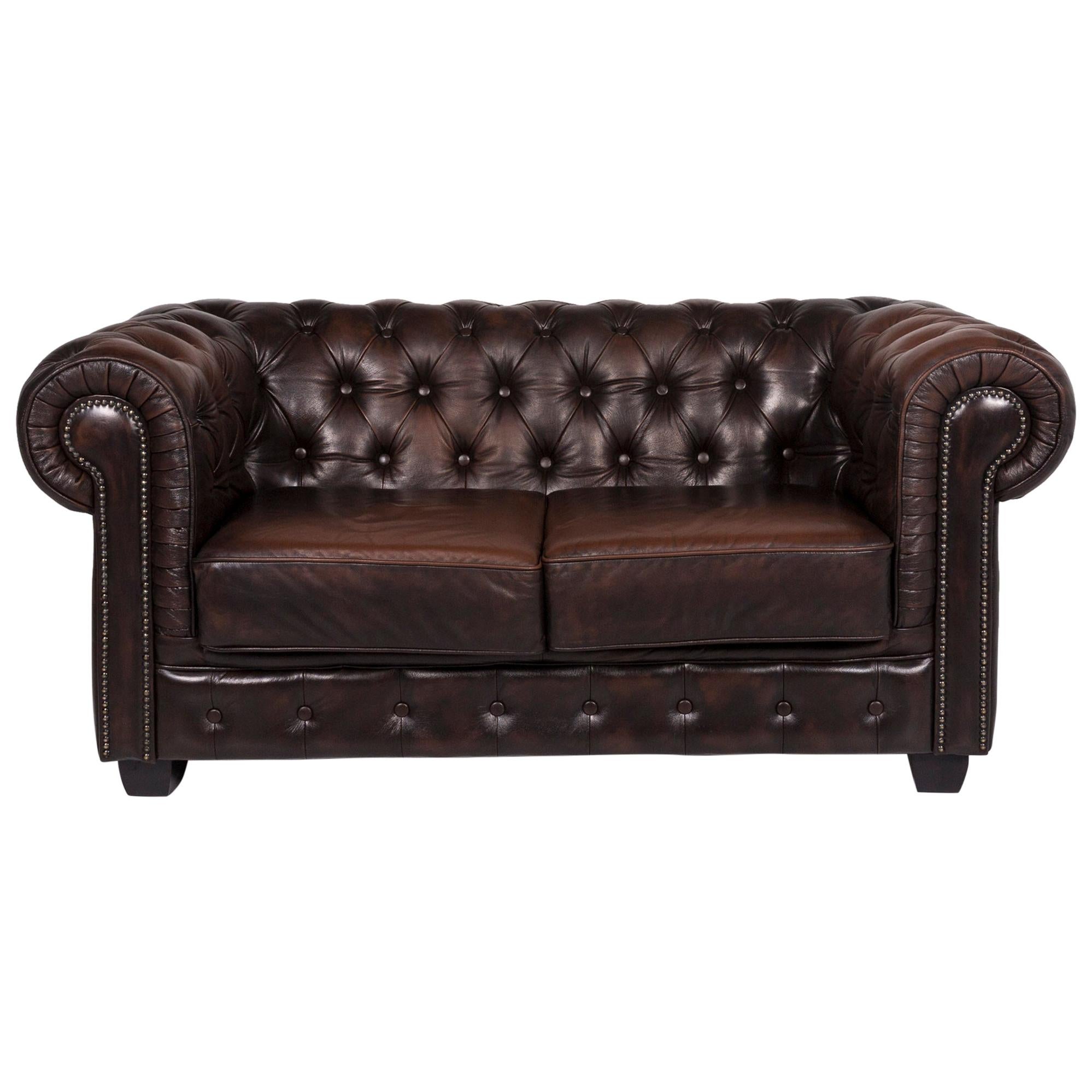 Chesterfield Leather Sofa Brown Dark Brown Two-Seat Retro Couch