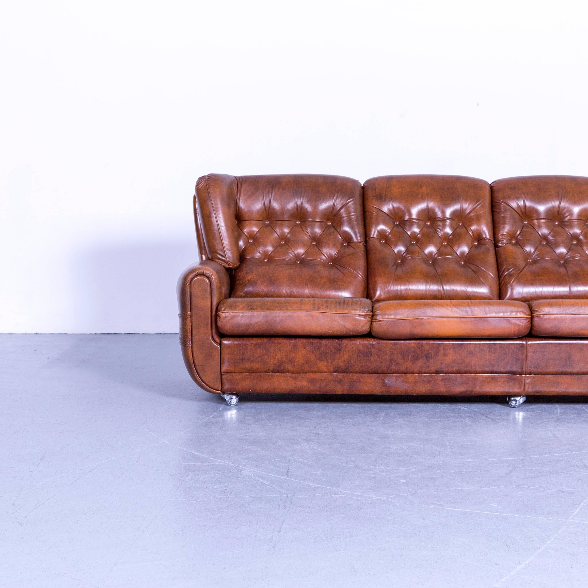 British Chesterfield Leather Sofa Brown Four-Seater Couch Vintage