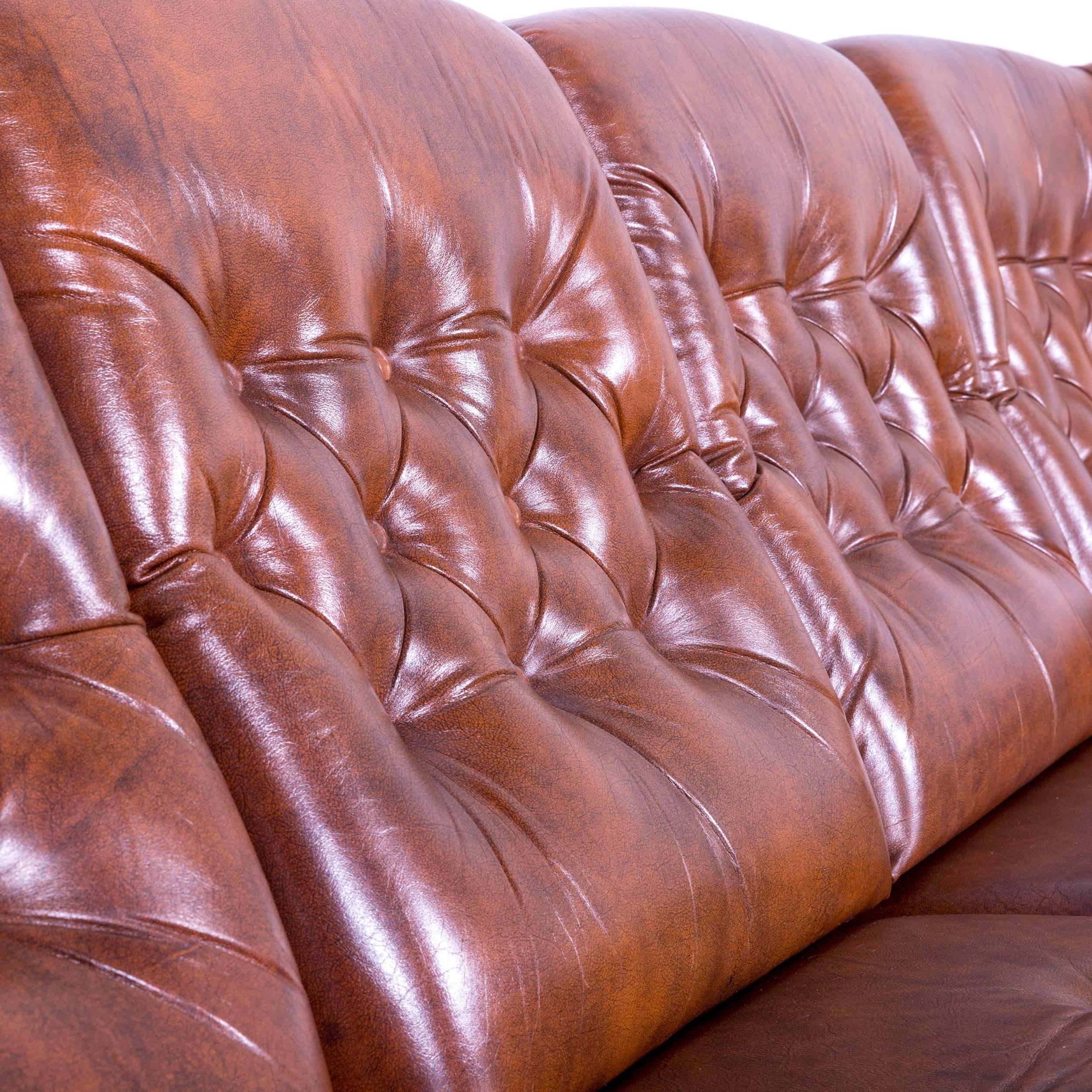 Chesterfield Leather Sofa Brown Four-Seater Couch Vintage 1