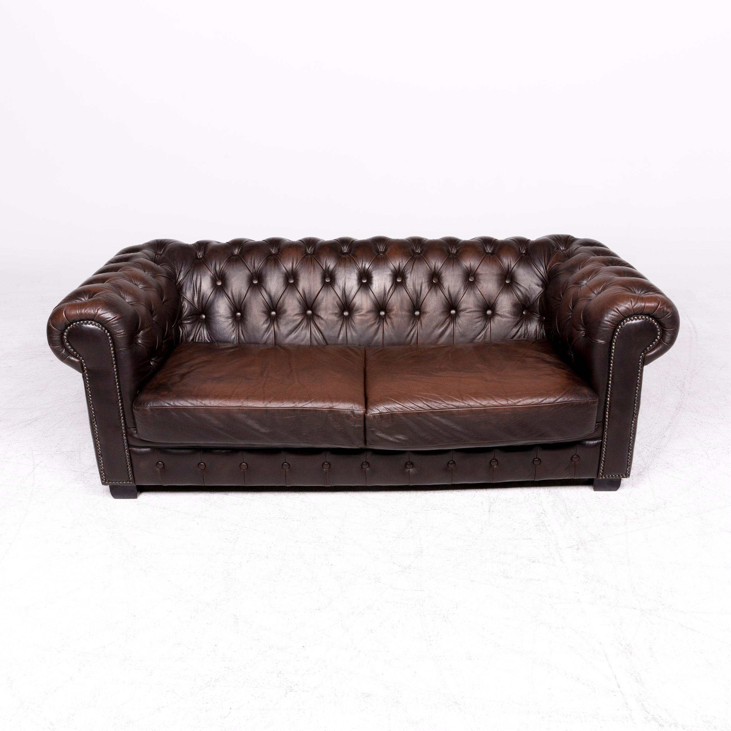 British Chesterfield Leather Sofa Brown Genuine Leather Three-Seat Couch Vintage Retro