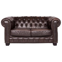 Chesterfield Leather Sofa Brown Genuine Leather Two-Seat Couch Vintage Retro