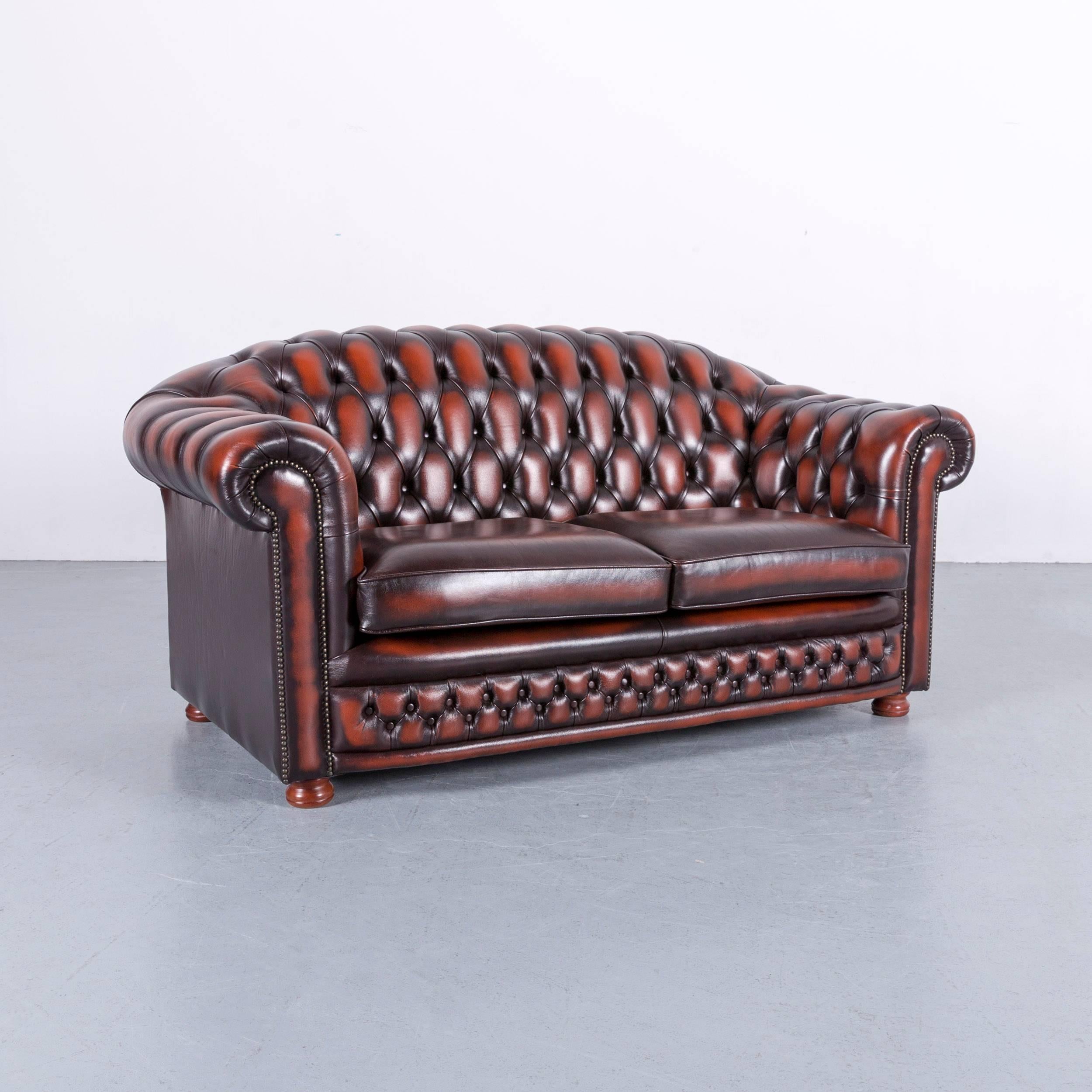 Chesterfield Leather Sofa Brown Orange Two-Seat In Excellent Condition For Sale In Cologne, DE