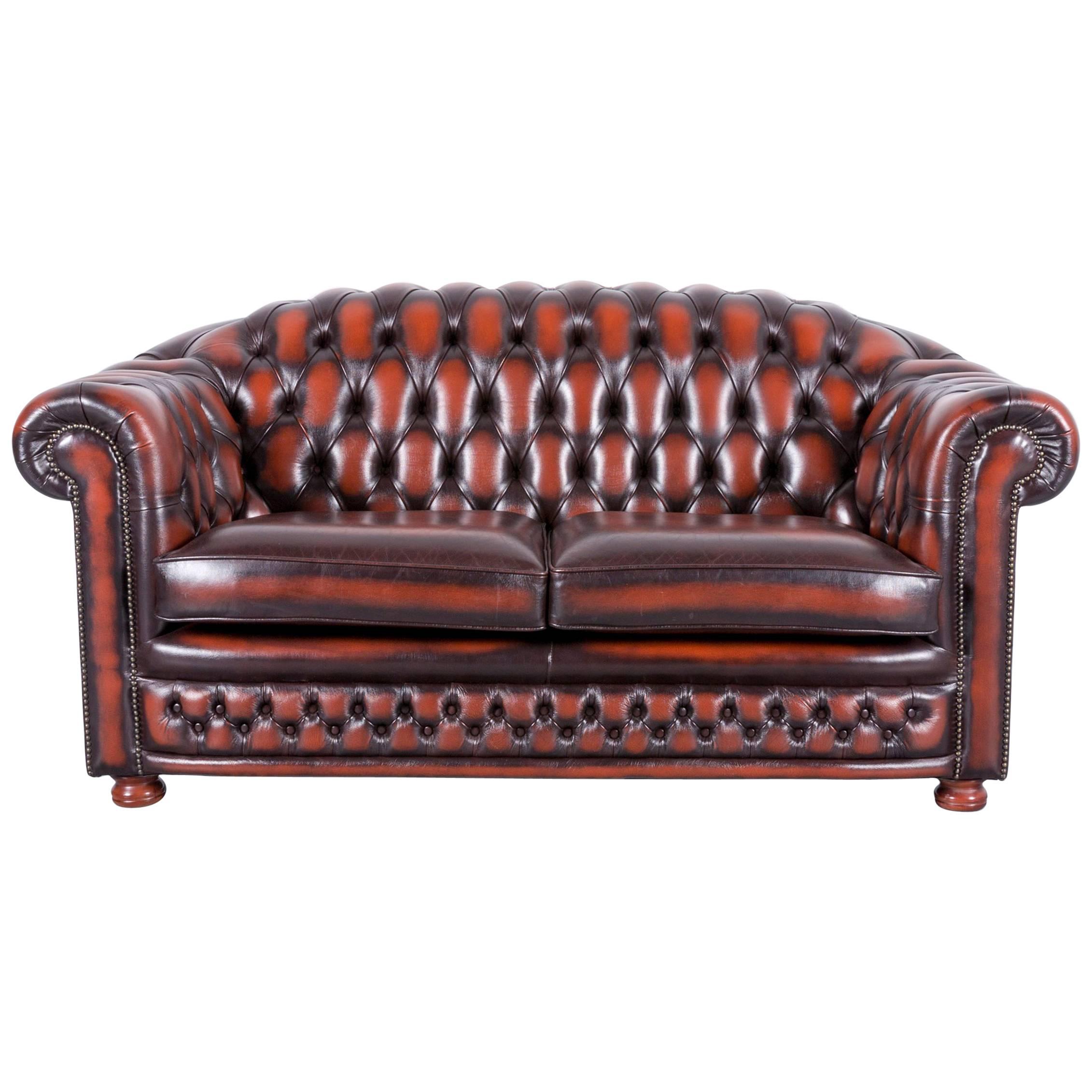 Chesterfield Leather Sofa Brown Orange Two-Seat For Sale