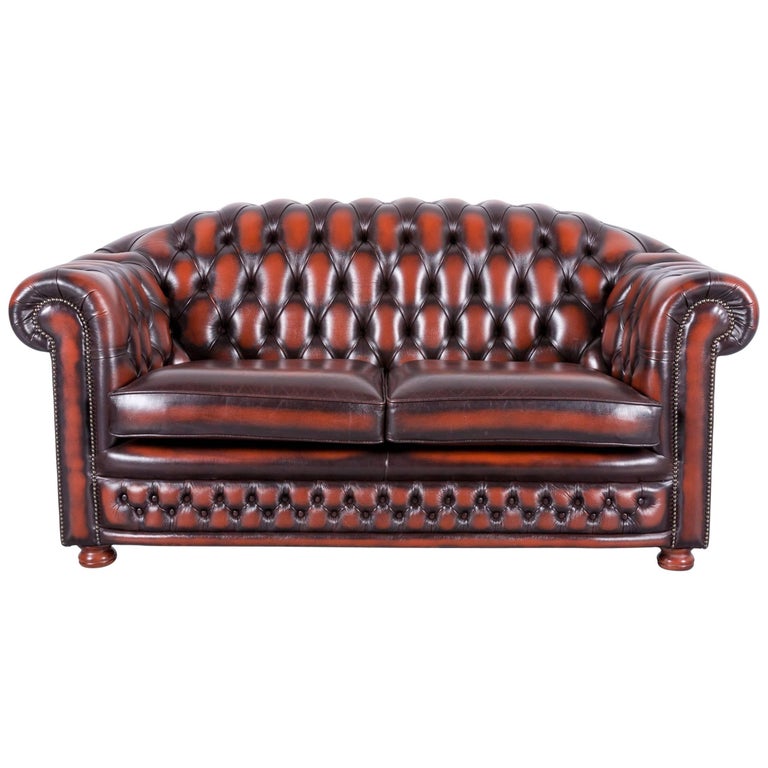 Chesterfield Leather Sofa Brown Orange TwoSeat For Sale at 1stDibs