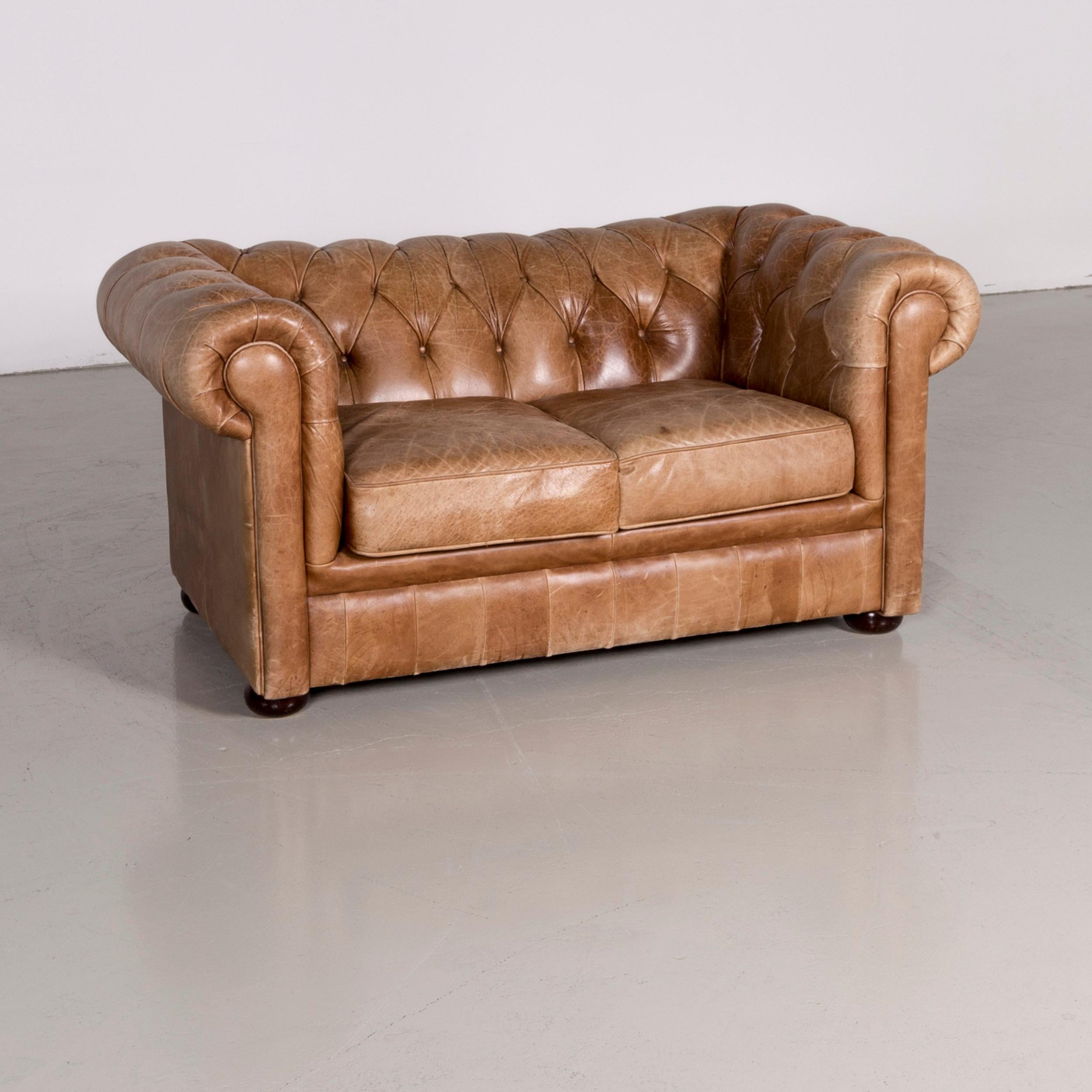 British Chesterfield Leather Sofa Brown Red Vintage Two-Seat Couch For Sale