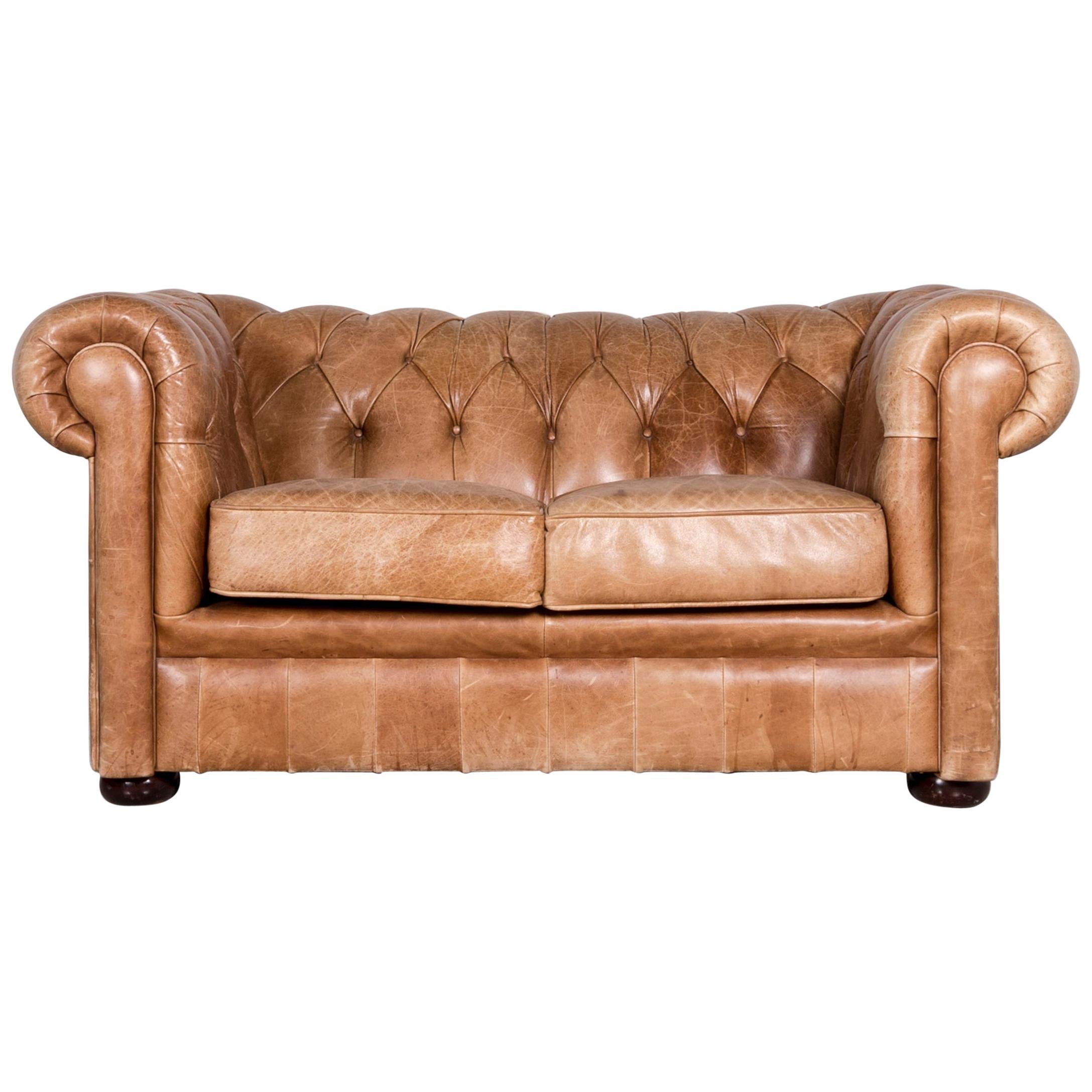 Chesterfield Leather Sofa Brown Red Vintage Two-Seat Couch For Sale