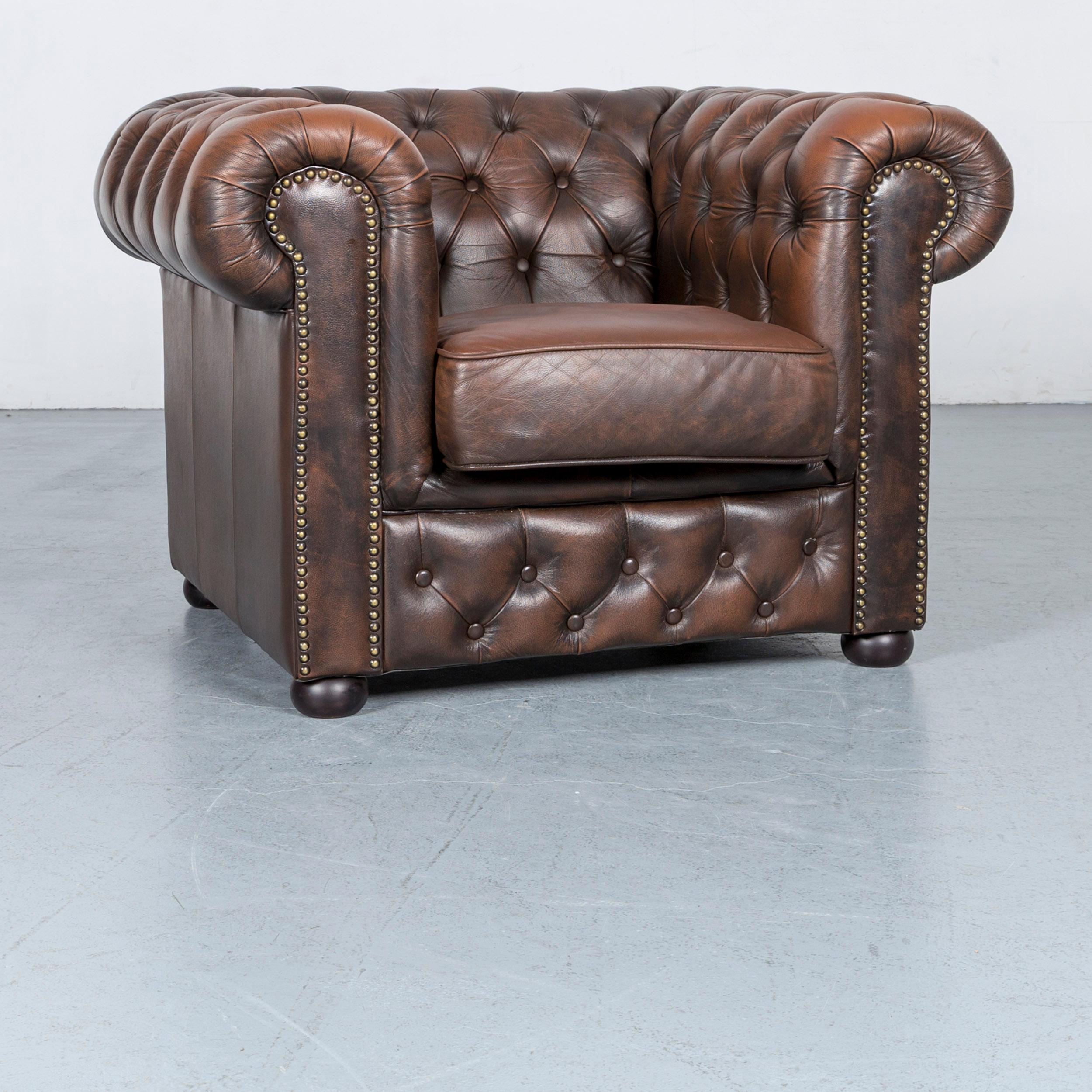 Chesterfield Leather Sofa Brown Three-Seat Armchair Set Vintage Retro 6