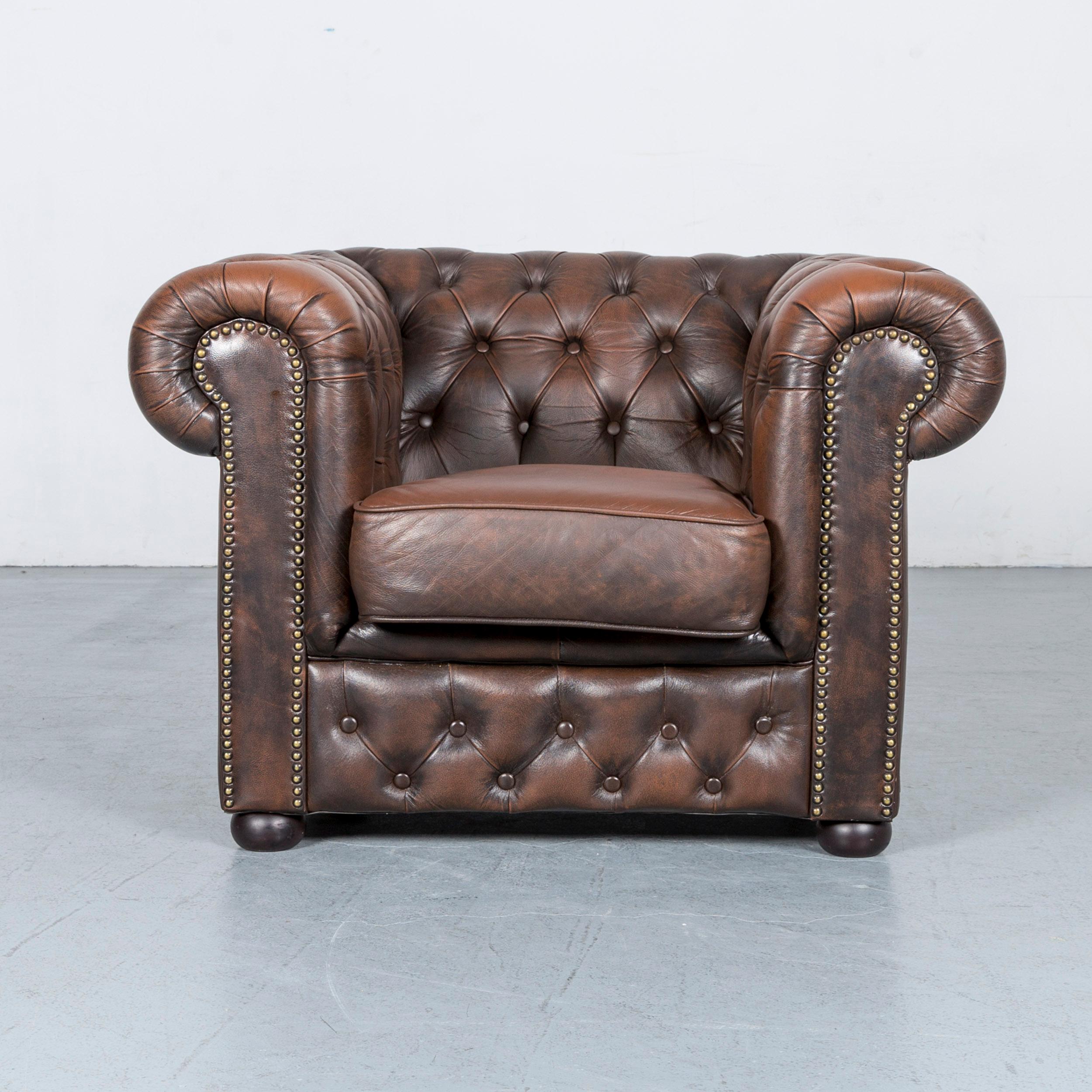 Chesterfield Leather Sofa Brown Three-Seat Armchair Set Vintage Retro 7