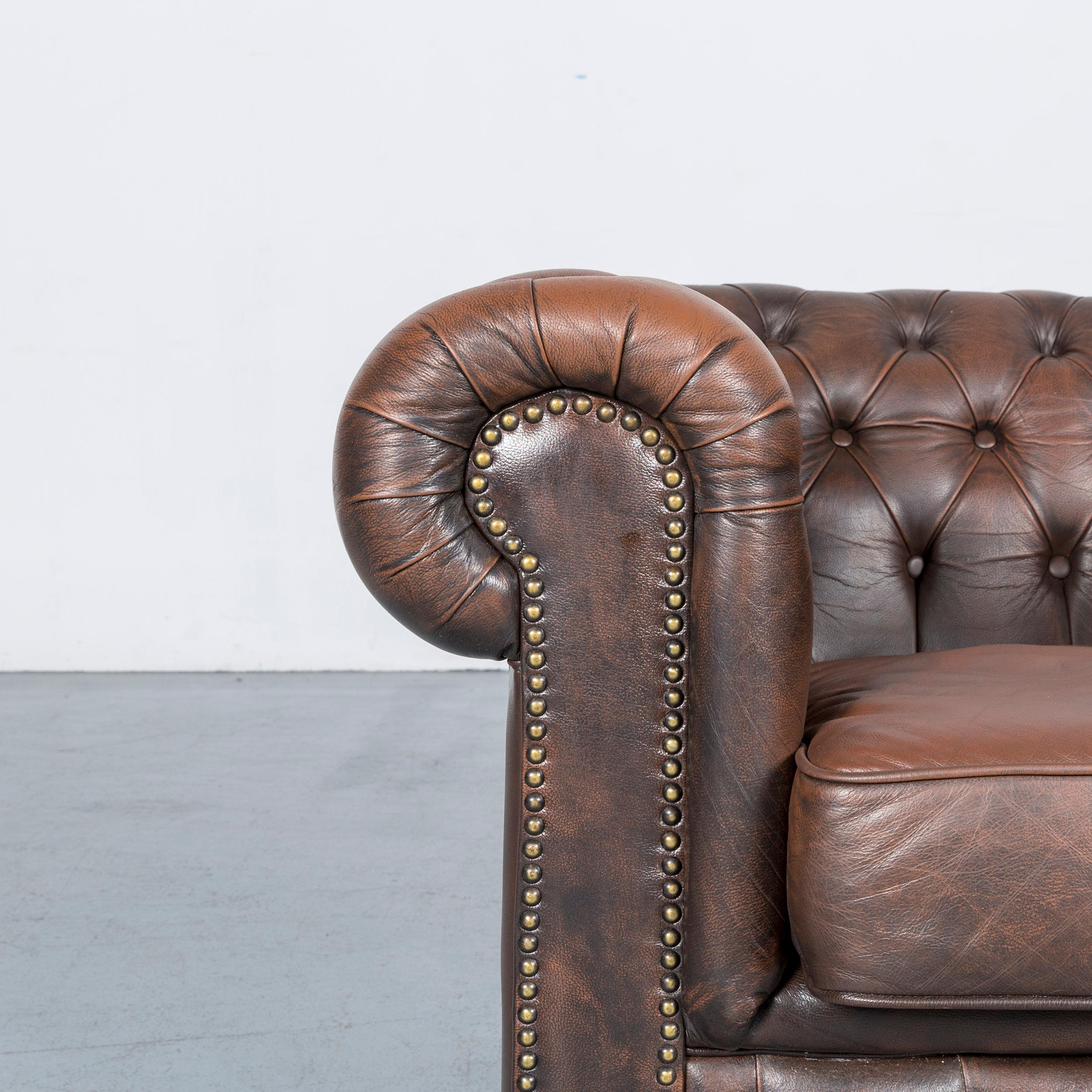 Chesterfield Leather Sofa Brown Three-Seat Armchair Set Vintage Retro 8