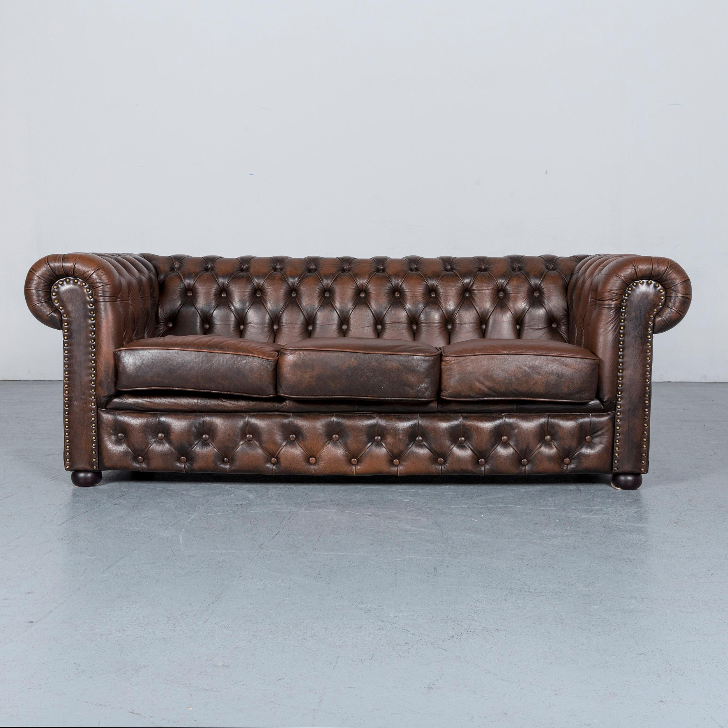We bring to you an Chesterfield leather sofa brown three-seat armchair set vintage retro
























        
