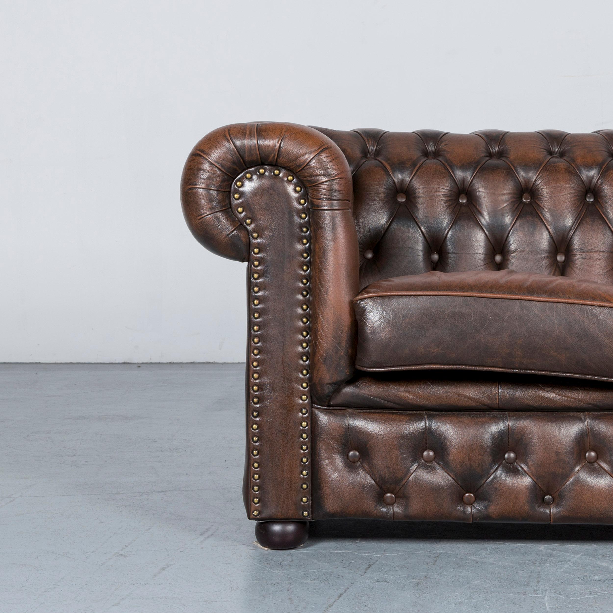 British Chesterfield Leather Sofa Brown Three-Seat Armchair Set Vintage Retro