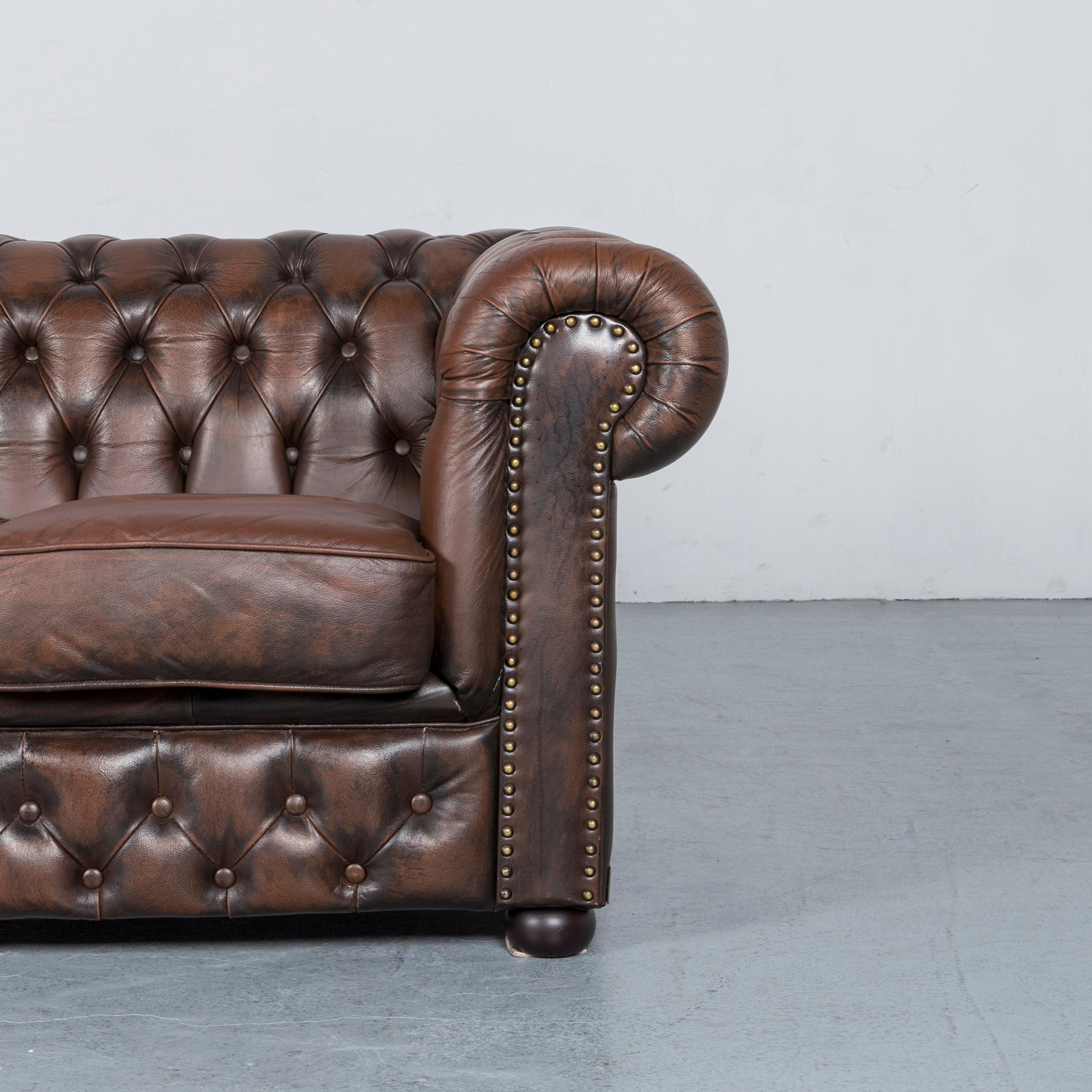 Chesterfield Leather Sofa Brown Three-Seat Armchair Set Vintage Retro In Good Condition In Cologne, DE