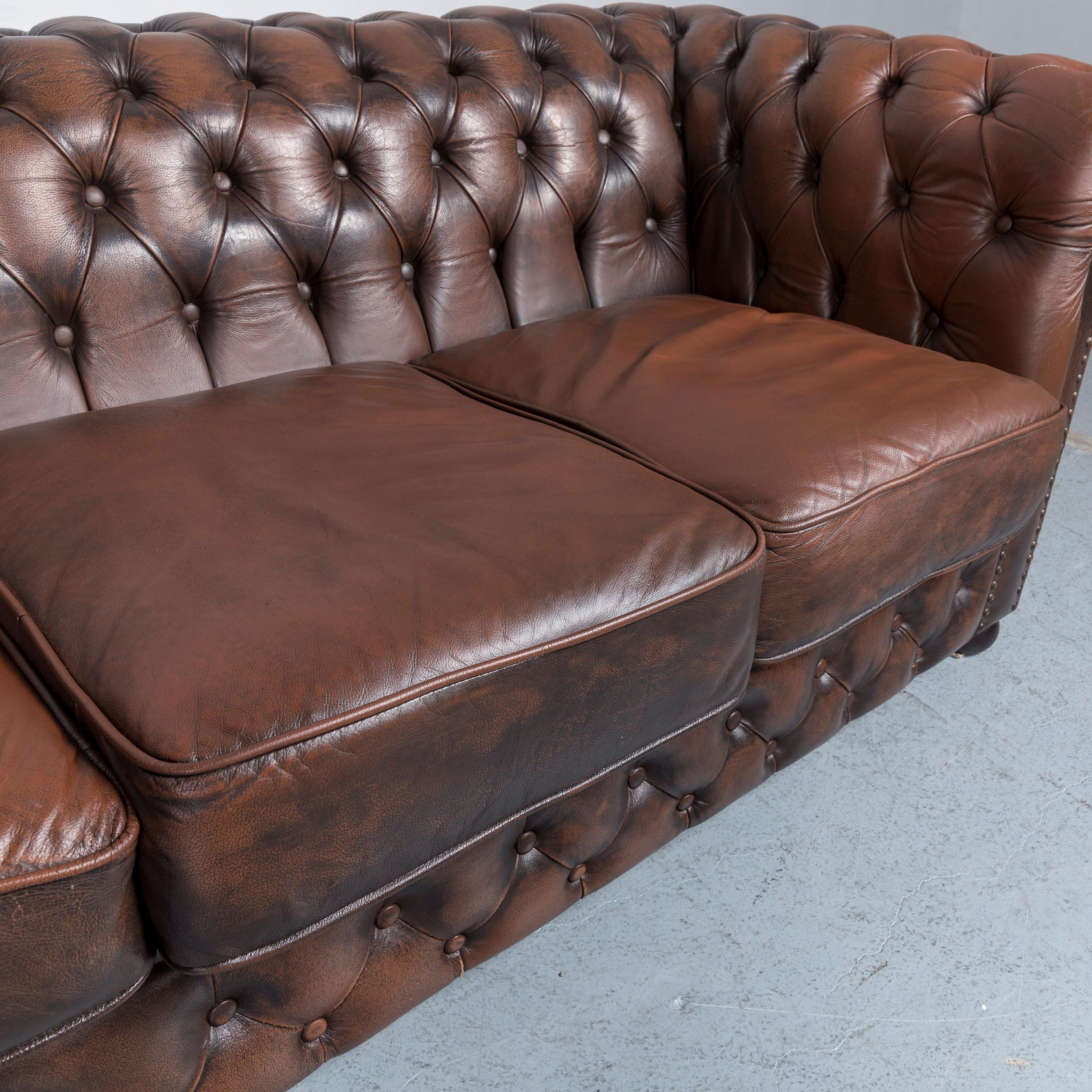 Contemporary Chesterfield Leather Sofa Brown Three-Seat Armchair Set Vintage Retro
